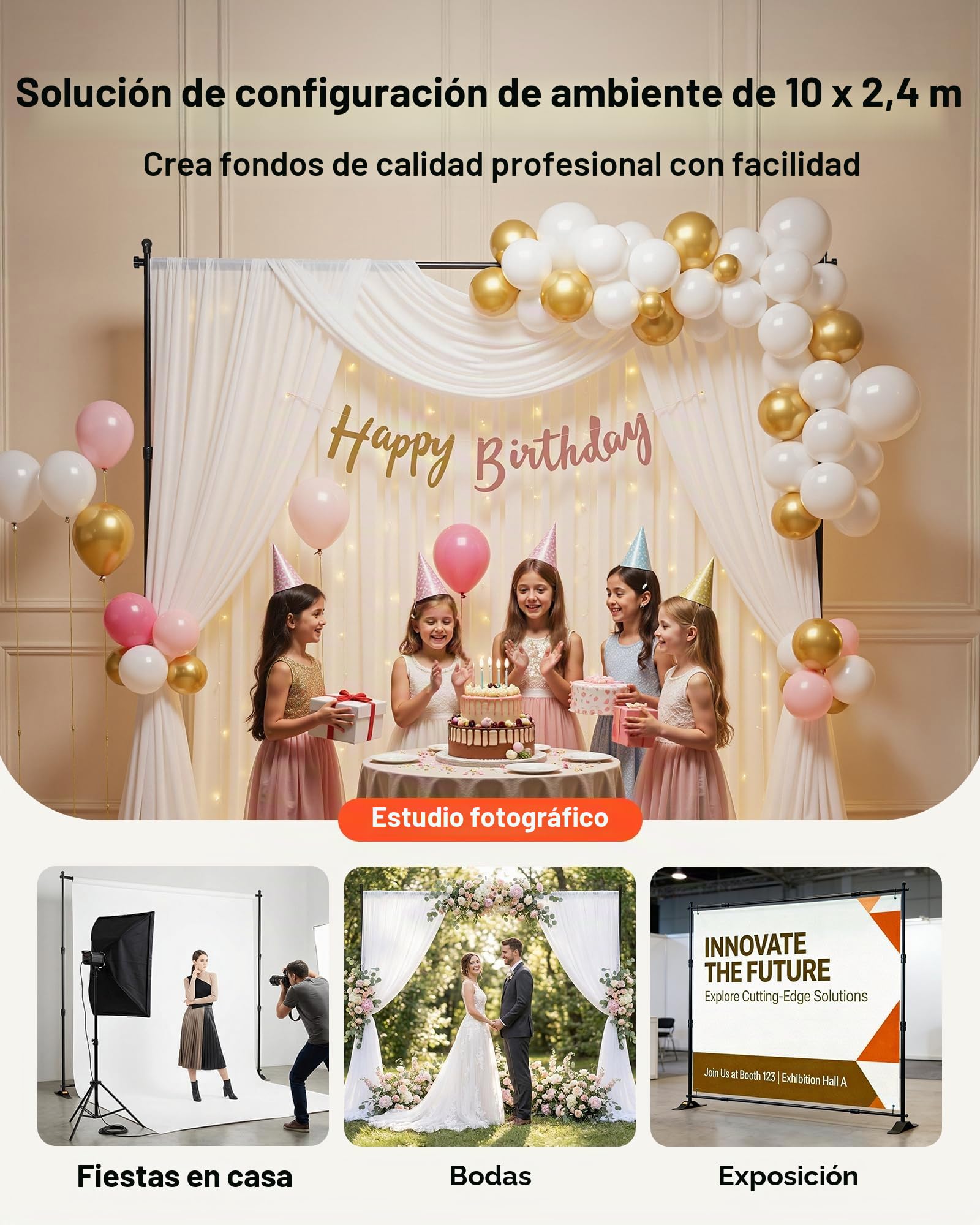 VEVOR Soporte para Fondos de Fotografía 3 m x 2.4 m, Anchura Ajustable 66 "- 120" Soporte de Banner para Telón de Fondo Altura 37"- 96" Negro para Feria Comercial Telescópico Expositor
