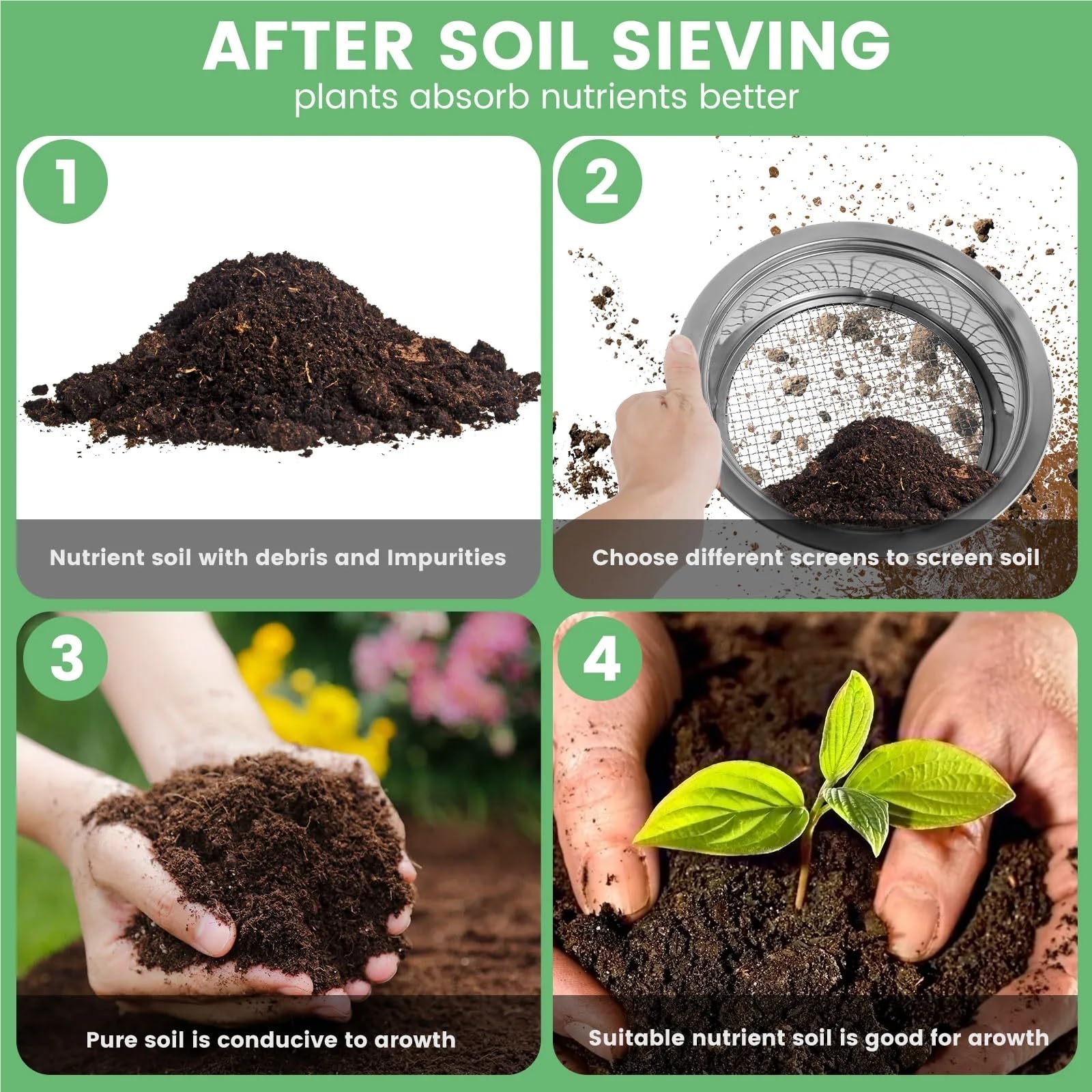 Handheld Seed Planter Gartenerde-Sieb-Set, Edelstahl, Bonsai-Steinsieb mit 5 auswechselbaren Filtermaschengrößen(A)