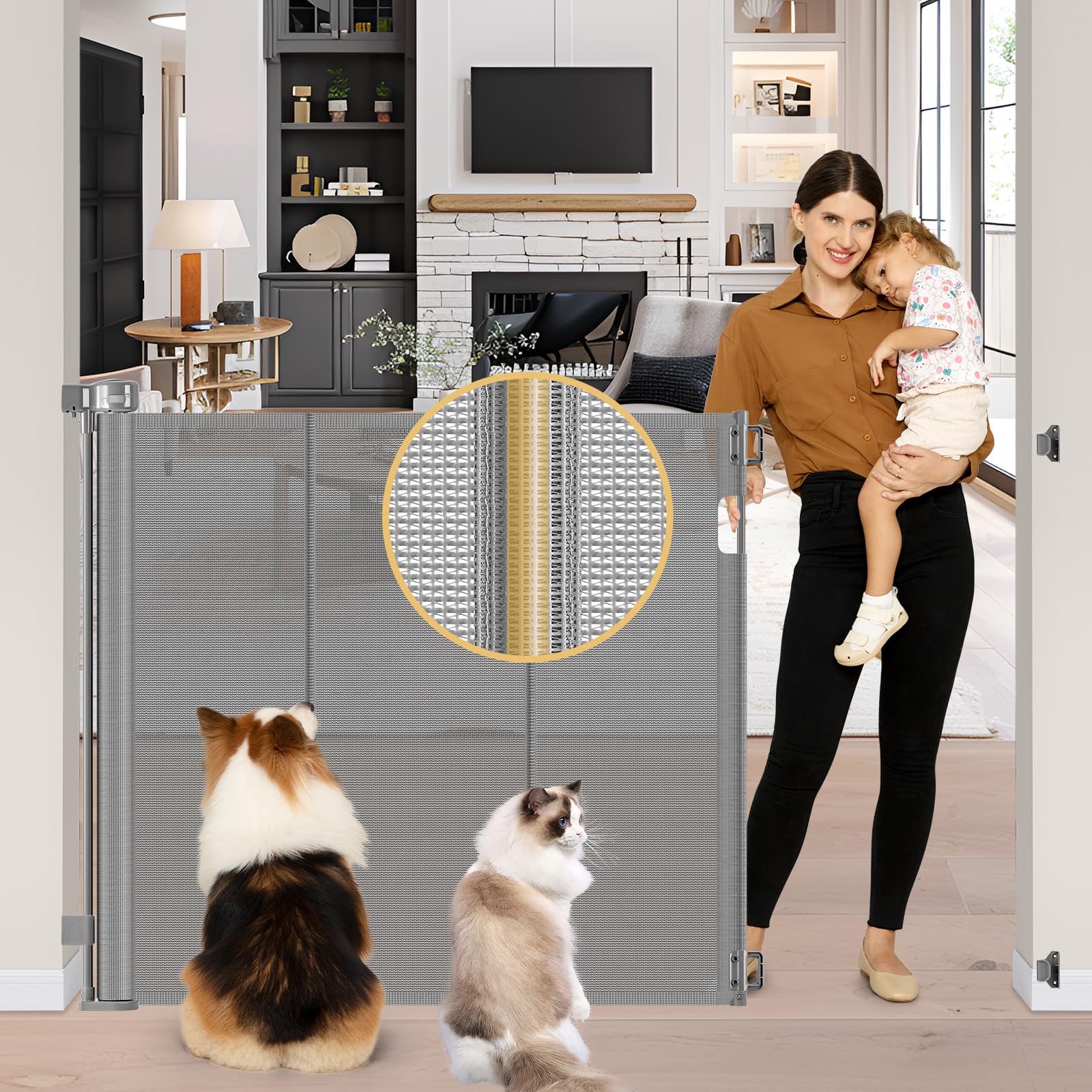 Reinforced 42" Extra Tall Baby Gate 55" Wide Retractable Dog Gate with Support Rods - Bottom Anti-Escape, Extra Tall Pet Gate Indoor Stair Gate