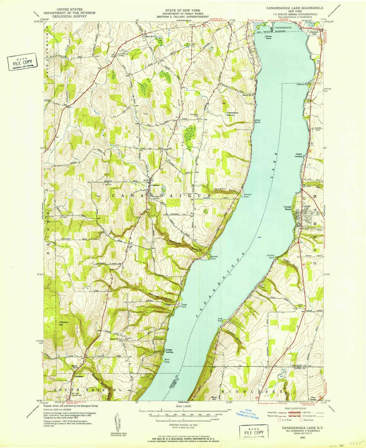 YellowMaps Canandaigua Lake NY topo map, 1:24000 Scale, 7.5 X 7.5 Minute, Historical, 1951, Updated 1952, 26.8 x 21.9 in - Paper