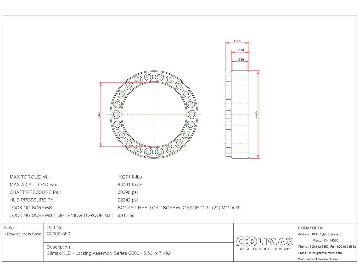 C200E-550 Series 200 Locking Assembly, Steel, 5.5" ID, 2.05" Width, 5-1/2" Shaft Diameter