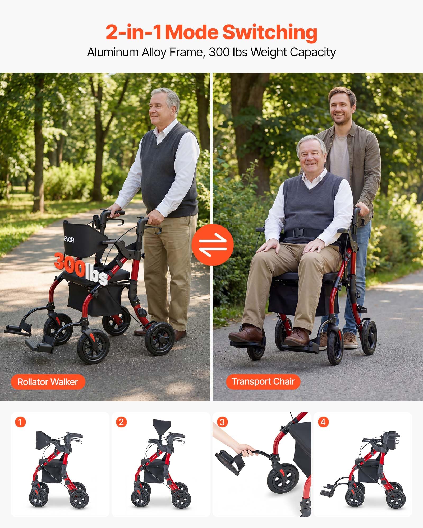 VEVOR Andador para Ancianos 2 en 1 con Asiento Soporta 136 kg, Ruedas de 25,4 cm, Silla de Transporte Plegable de Aleación de Aluminio, Reposabrazos Ajustable para Compras Exterior Personas Mayores