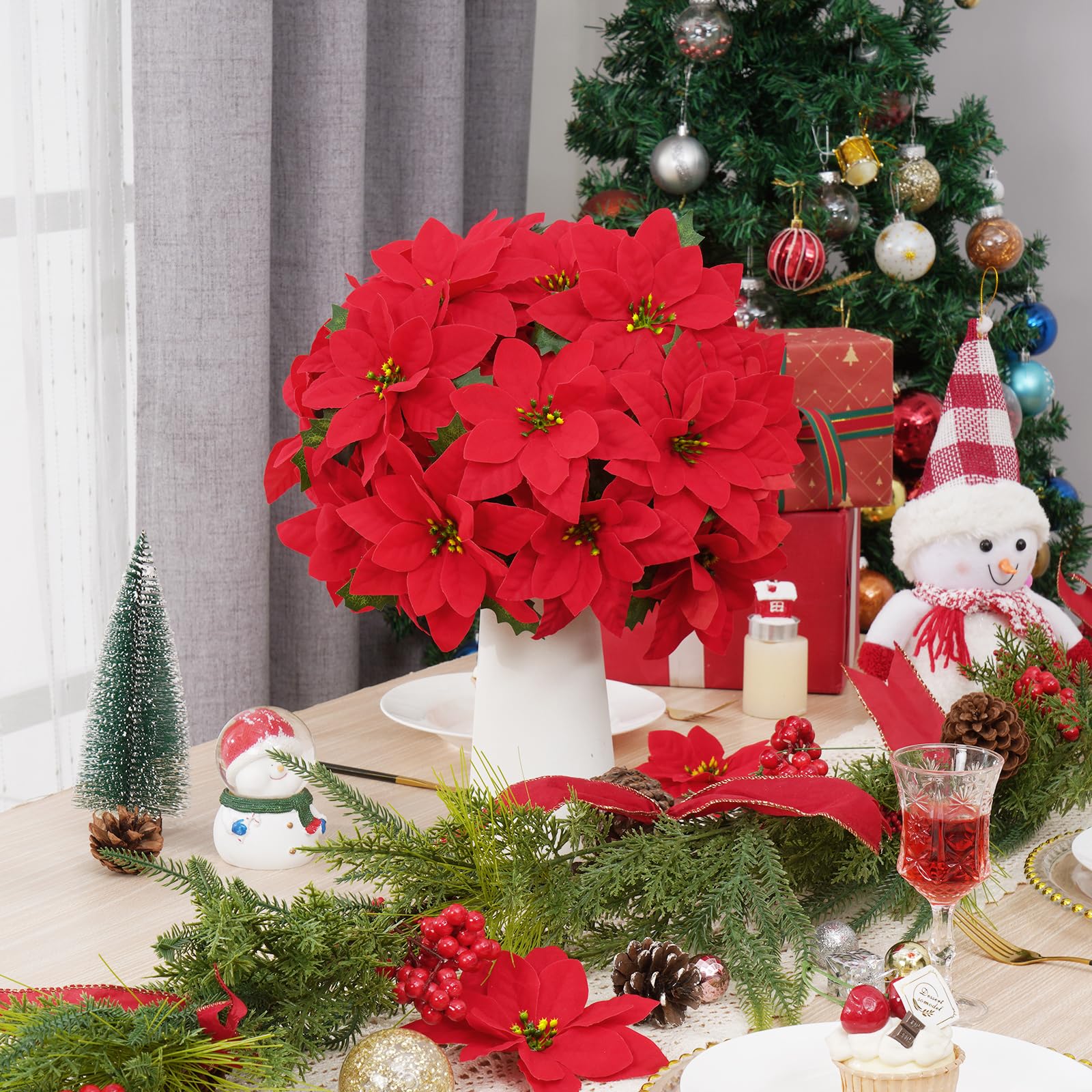 Decoraciones de Navidad – Paquete de 12 flores artificiales de Navidad de 14.1 pulgadas, flores de Pascua artificiales de terciopelo rojo para árbol de Navidad, hogar, fiesta, porche, patio,
