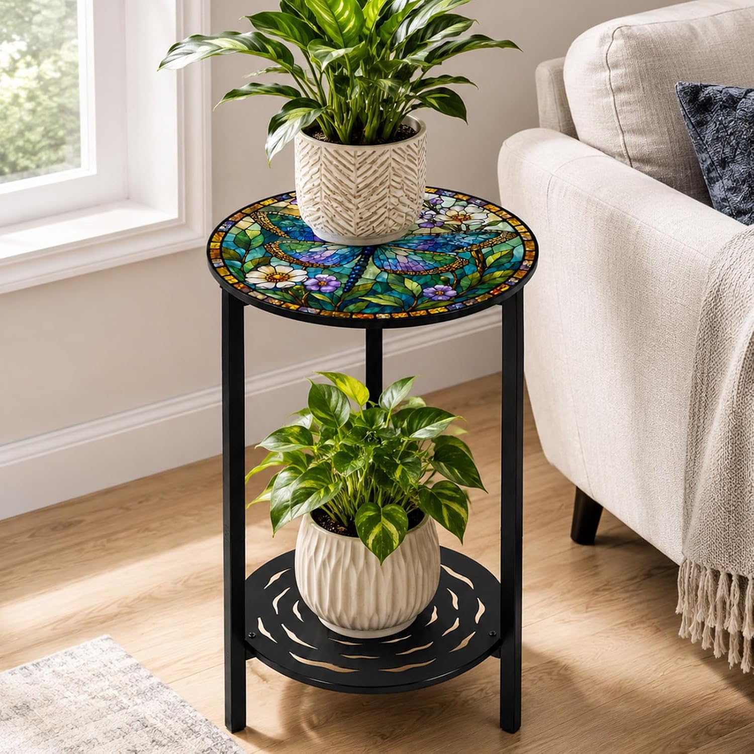 2-Tier Metal Round Side Table Accent Coffee Tables Small Space Corner Plant Stand Shelf for Indoor Outdoor Use Patio Balcony End Table Blue Dragonfly Print Weather-Resistant