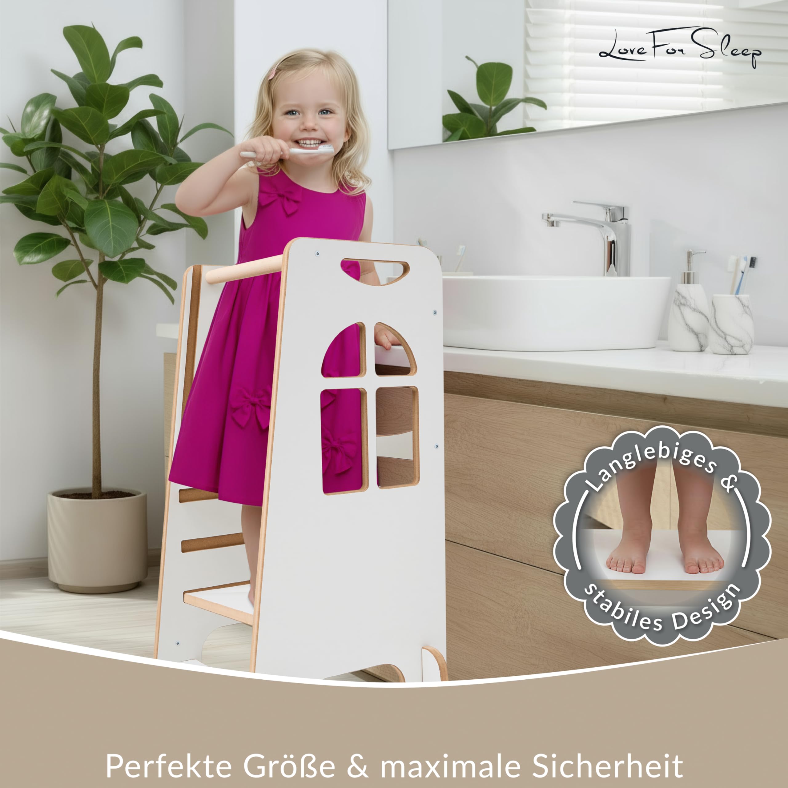 Montessori Lernturm aus Holz – Verstellbarer Küchenhelfer für Kinder 2–6 Jahre, Sicherer Tritthocker mit 3 Höhen,Mit seitlichen Kippschutz-Stützen und hinterer Sicherheitsplatte