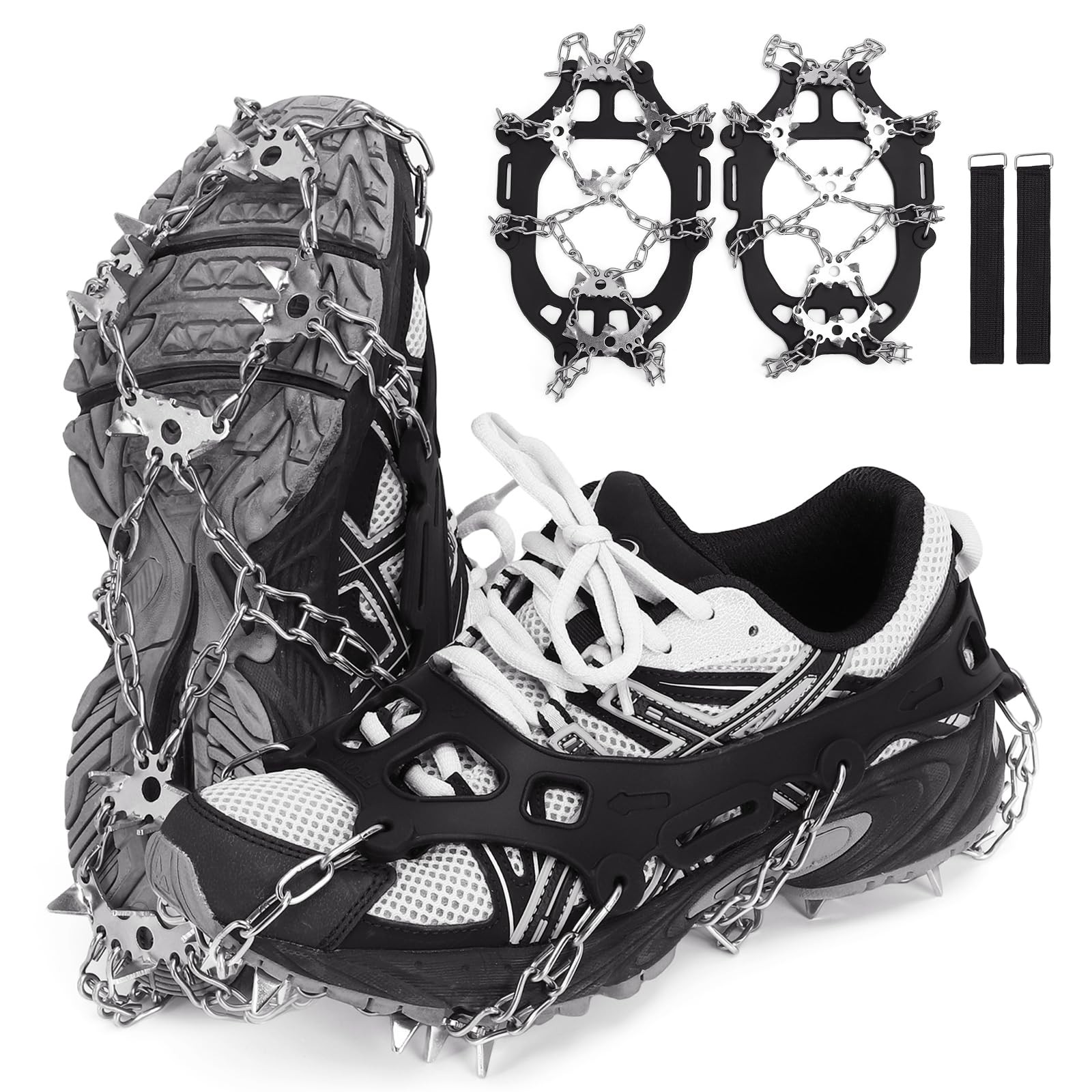 TOMSHOO Ramponi per Scarponi, 32 Denti Ramponi da Ghiaccio Catene in Acciaio Inossidabile con Cinghie, Ice Tacchetti Universali Trazione per Neve Ghiaccio Moutaineering Escursionismo