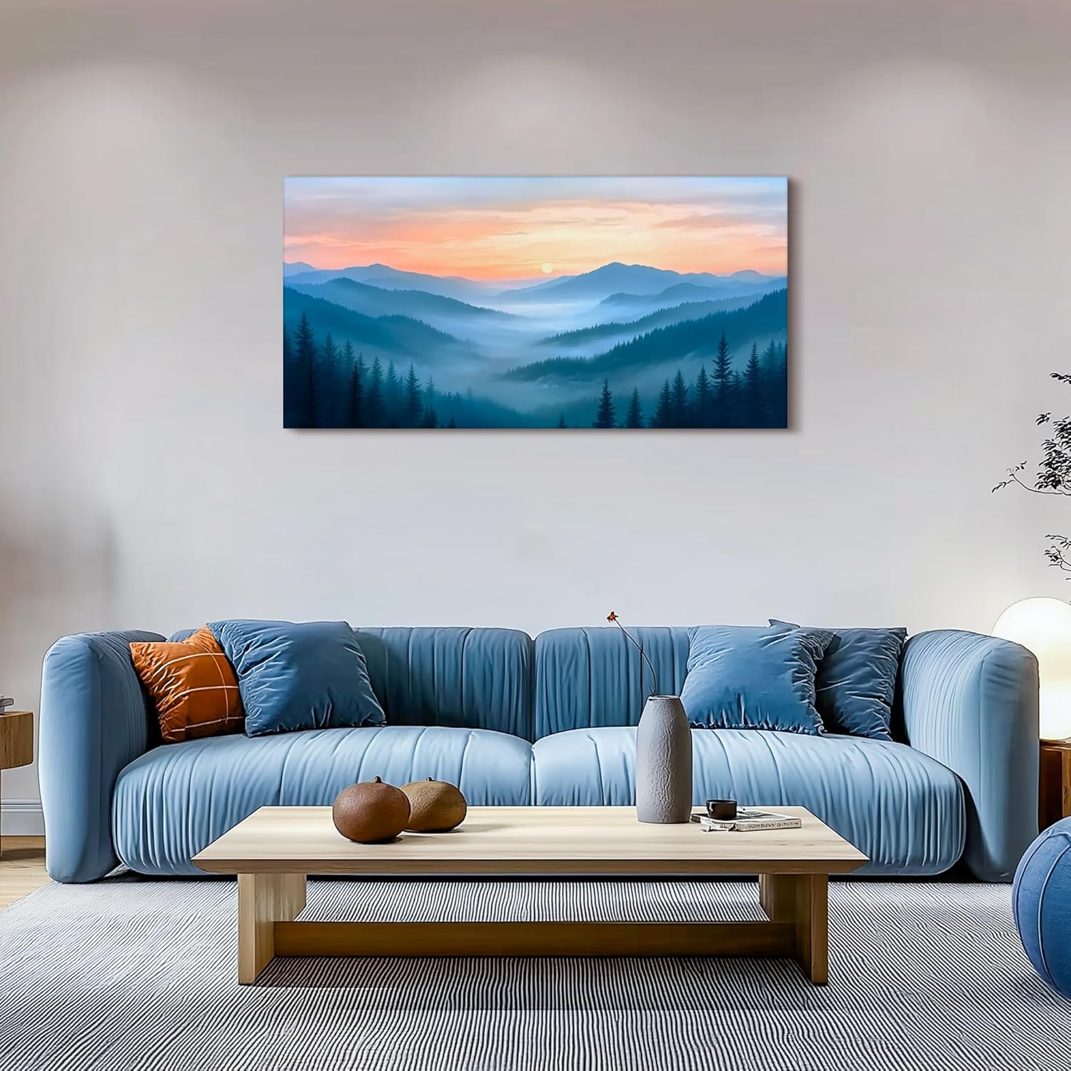 selatala Sunset Misty Forest Large Wall Art 20"X40", Blue Nature Mountain Landscape Canvas Prints, Modern Office Bedroom Bathroom Pictures Living Room Kitchen Home Wall Decor Aesthetic Artwork
