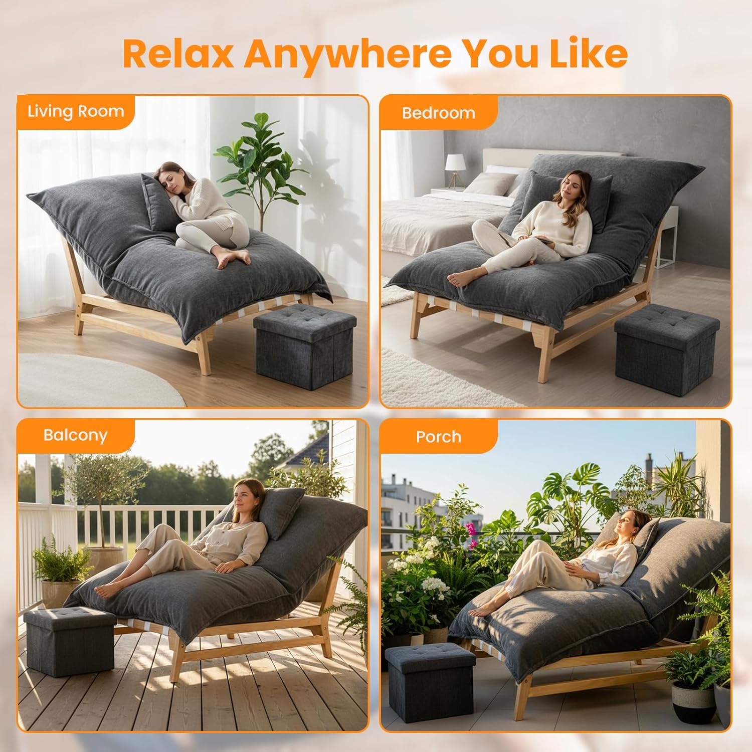 MOPHOTO Oversized Chaise Lounge Chair with Ottoman, Multi-Functional Upholstered Recliner Chair, Comfy Accent Chair with Storage Footrest & Pillow for Living Room, Bedroom & Reading (Grey