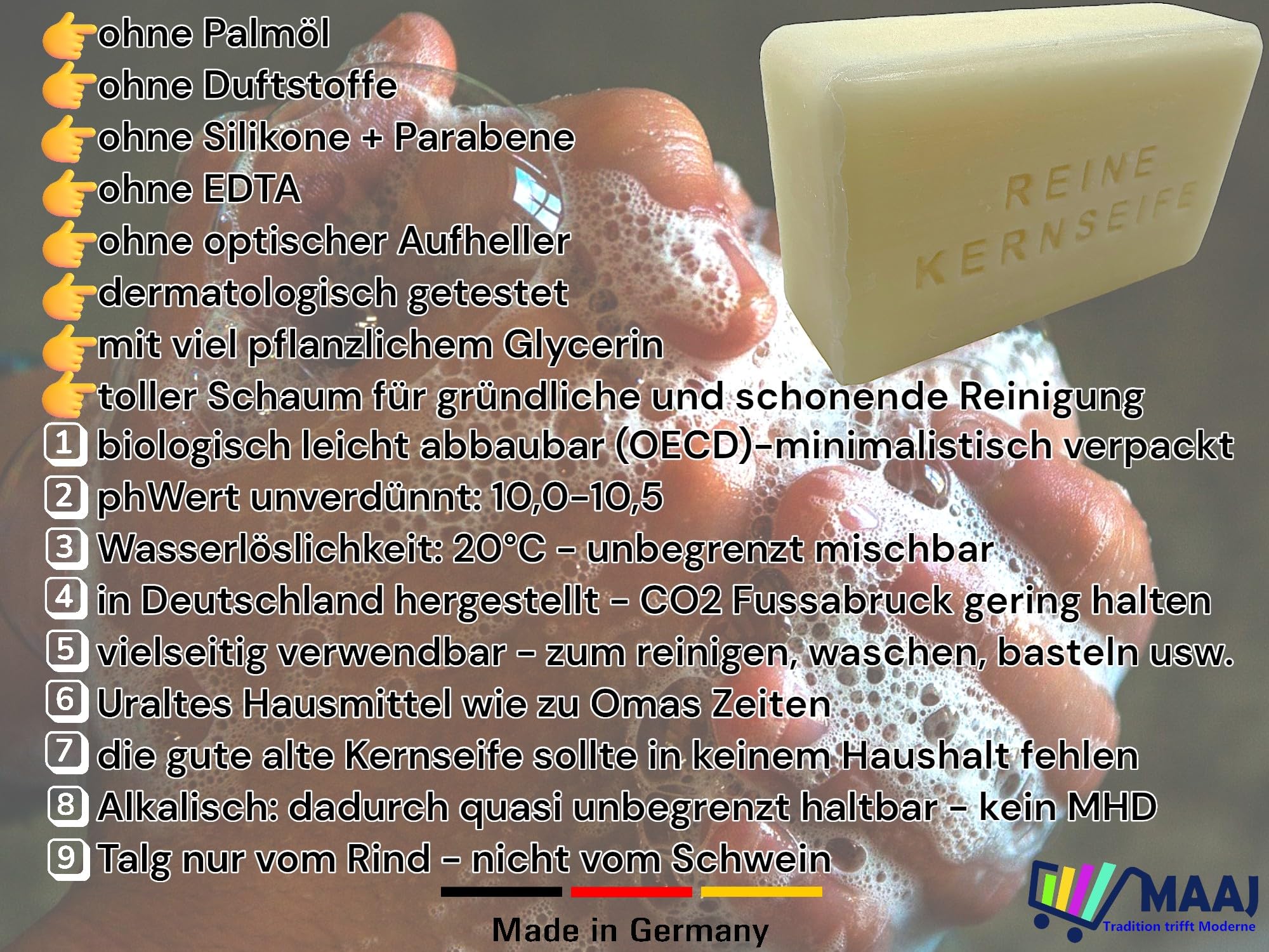 Wasserrose Kernseife DIY 110x100g=11kg - Seife Rein ohne Duft, Farbstoffe,Palmöl und EDTA frei - Biologisch Abbaubar - für Haushalt und Werkstatt - Made in Germany