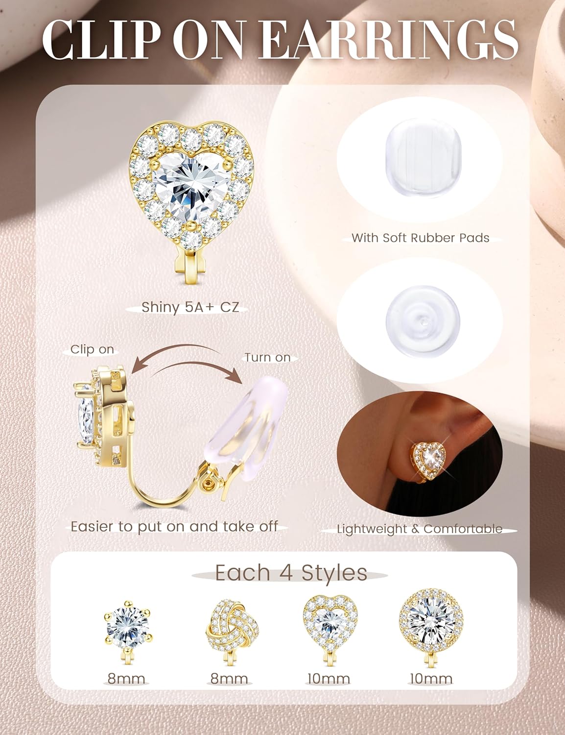 BESTEEL Clip on Earrings Women - Hypoallergenic Non Pierced Earrings Small Cubic Zirconia Flower Heart Square Twist Knot Fake Earring Set Wedding Dance Gift - Image 2