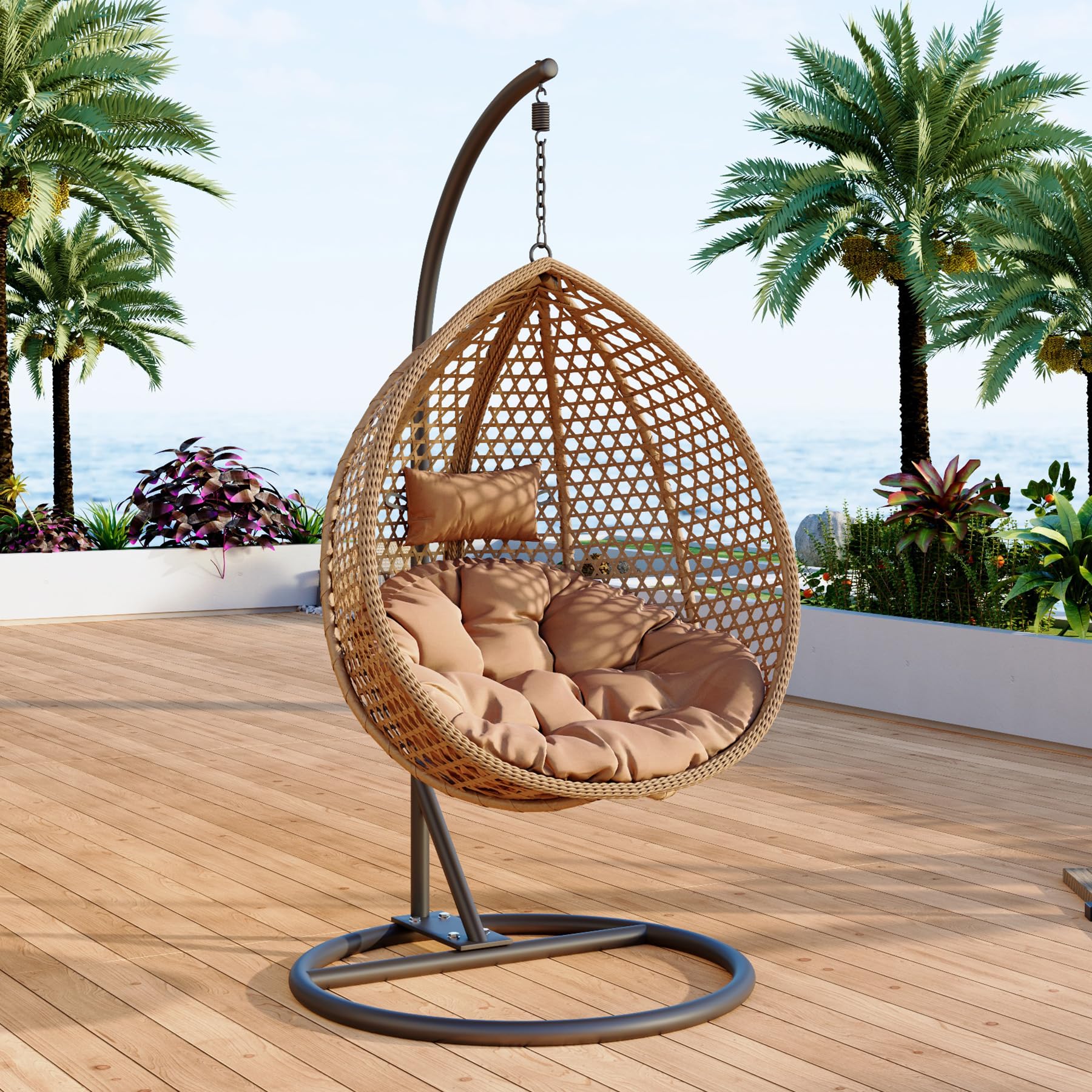Egg Swing Chair Outdoor with Stand, Hanging Egg Rattan Basket Chair with Cushion and Pillow, Lounge Chairs, Foldable Basket and Metal Stand for Porch,