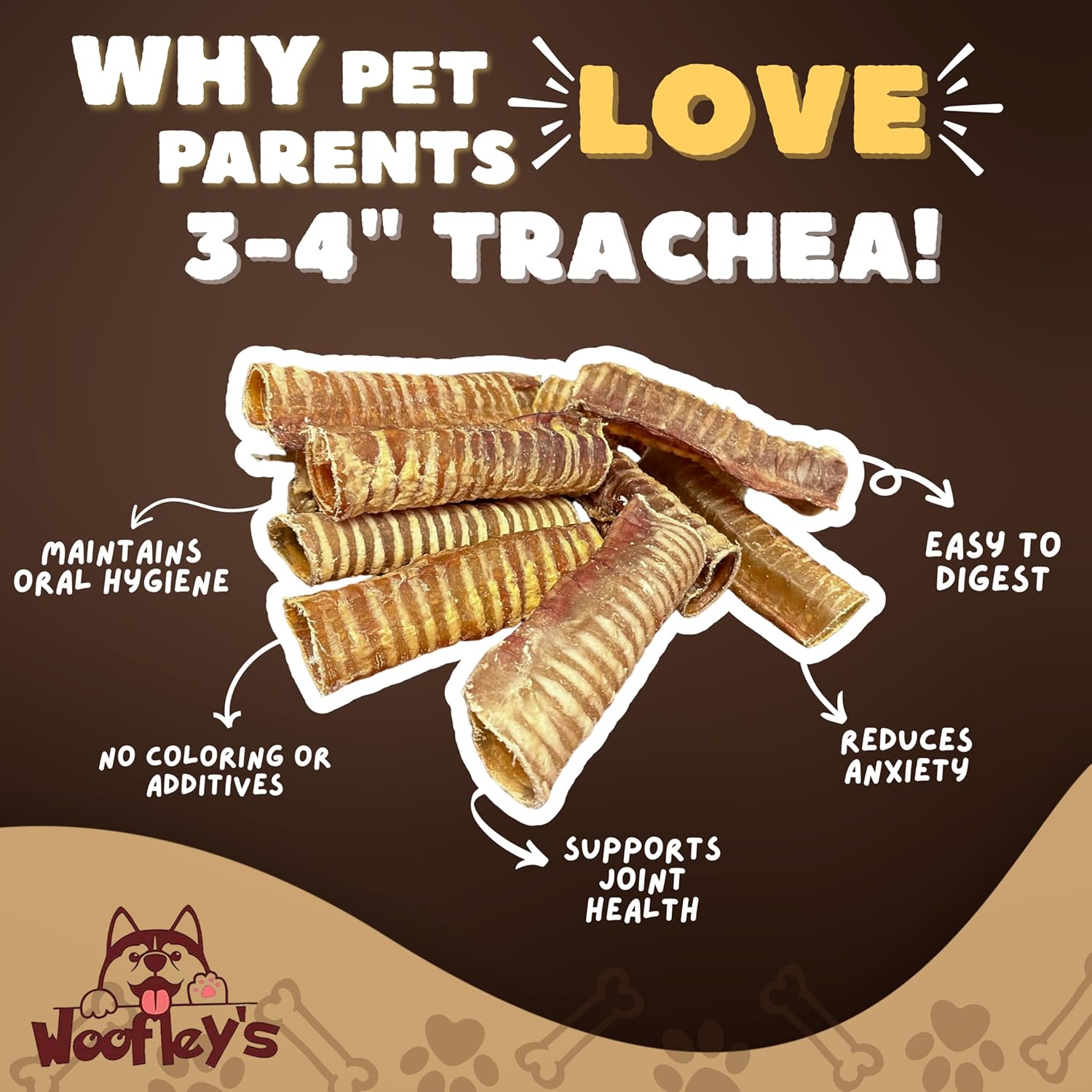 Woofley's Beef Trachea - 3-4 Inch - 50 Pack - Trachea Treats for Dogs - Natural Source of Glucosamine and Chondrotin for Joint Health - 100% Natural Beef Windpipe for Dogs