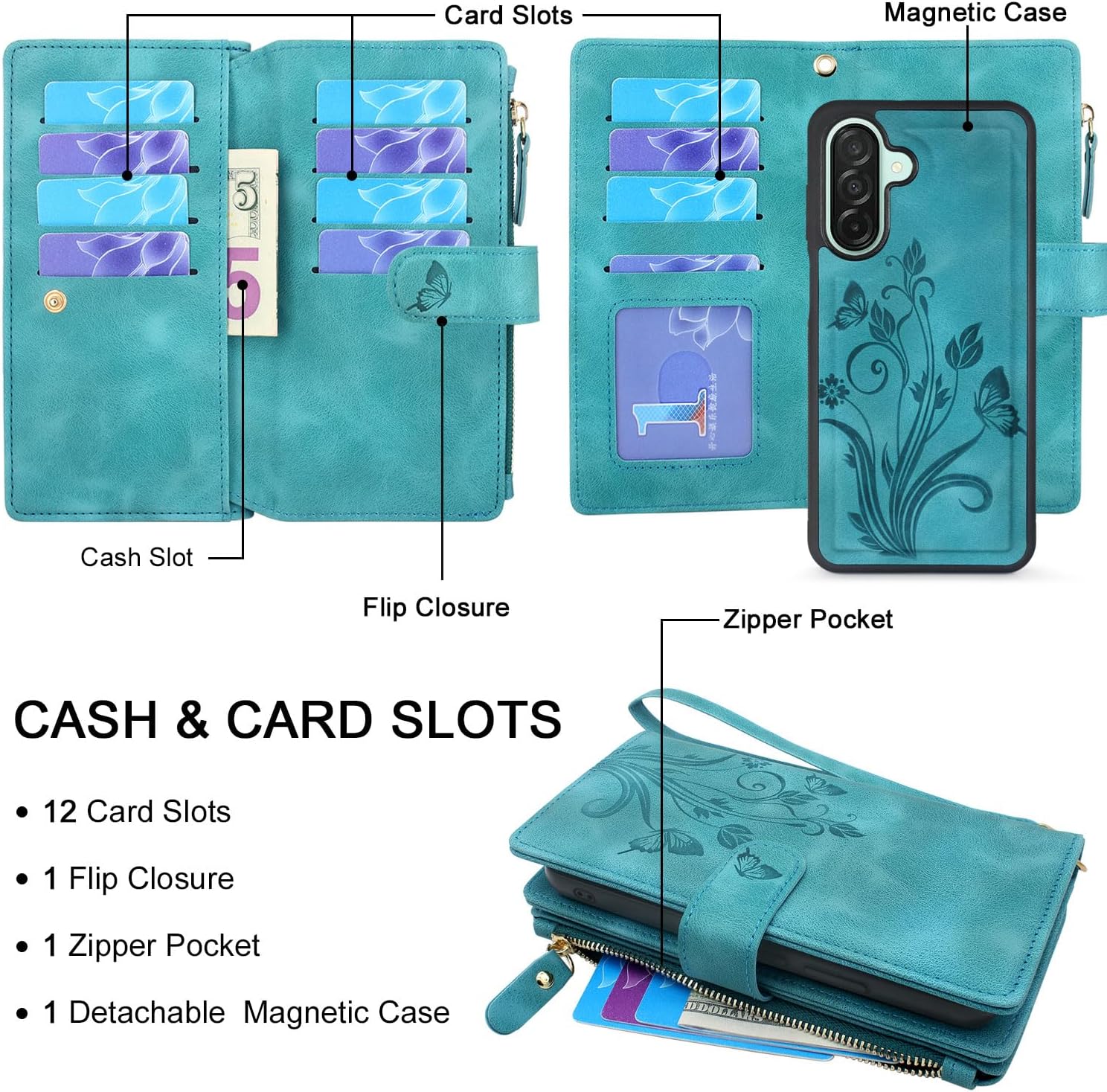 Lacass Case Wallet for Samsung Galaxy A17/A26 5G, [12 Card Slots] ID Credit Cash Holder Zipper Pocket Detachable Leather Wallet Cover with Wrist Strap Lanyard（Floral Blue Green）