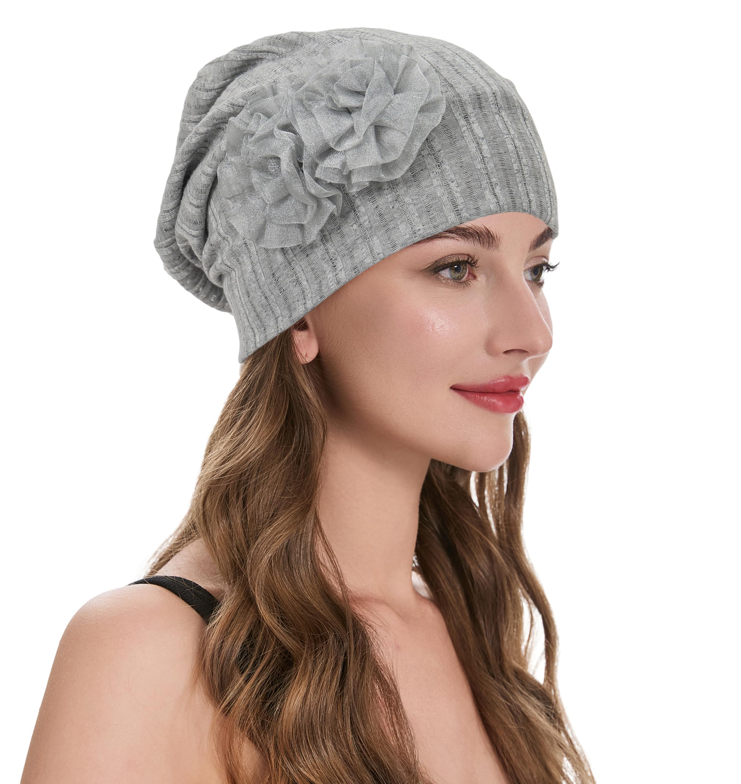 ZLYC Women Lightweight Slouchy Beanie Hat Thin Knit Skull Cap Summer Chemo Headwear(Flower Light Gray),One Size