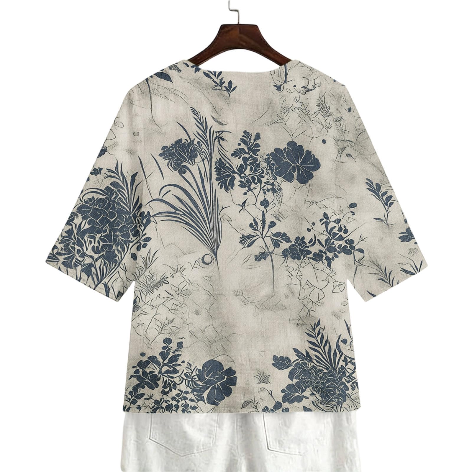 Bluse Damen Elegant V-Ausschnitt Oberteile 3/4 Arm Sommer T-Shirt Einfarbig Knopfleiste Leinenblusen Retro Lässig Locker Blusenshirt Basic Tunika Shirt Urlaub Leicht Hemdbluse Druck Top