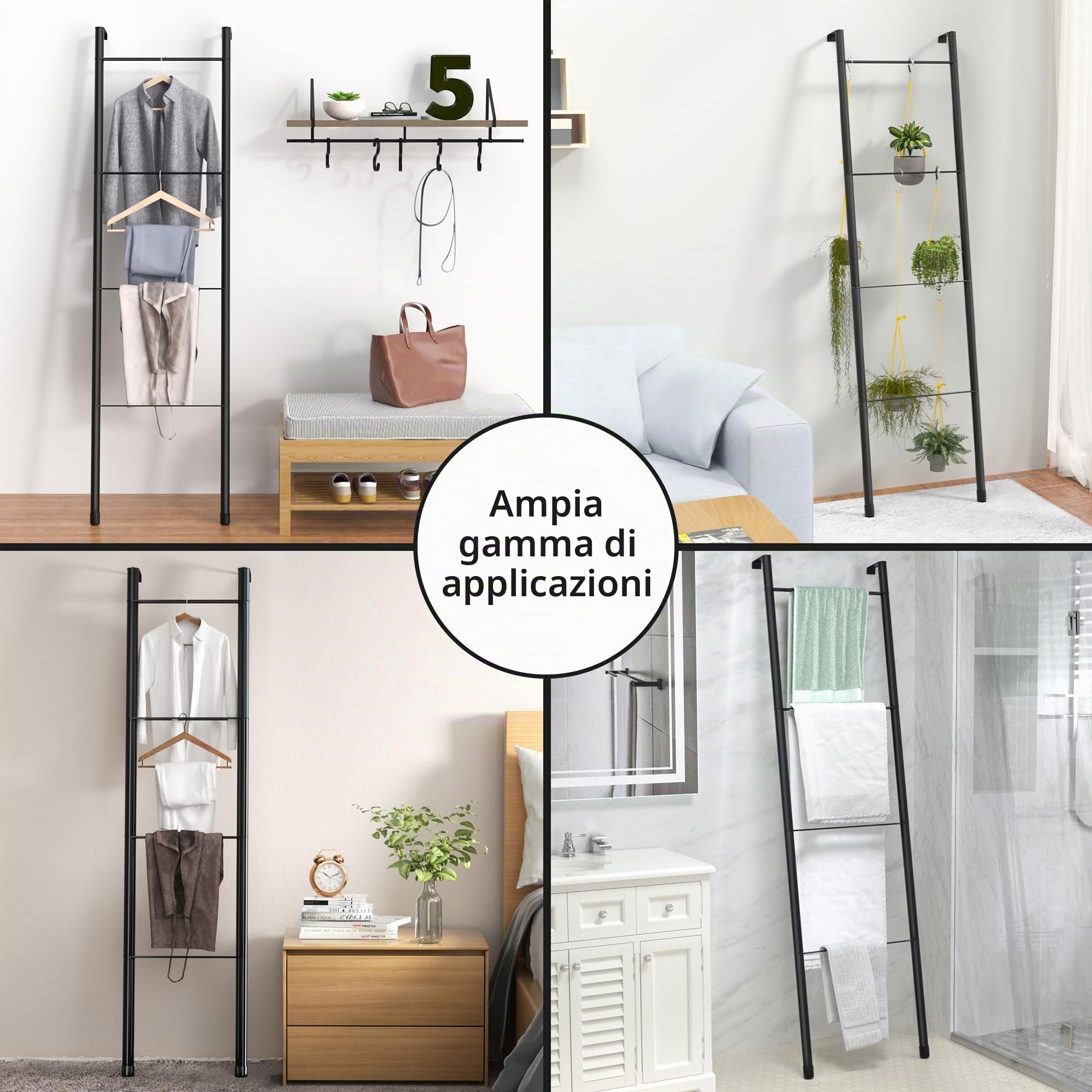 pickpiff Scala in metallo nero, autoportante, da parete, per bagno, soggiorno, cucina, supporto per asciugamani, coperte, coperte (4 ripiani, nero)