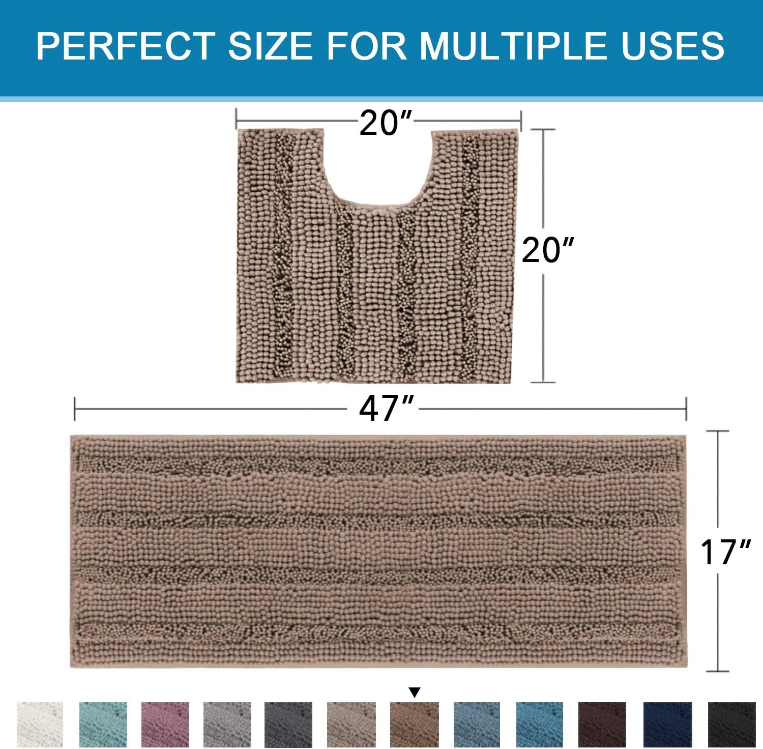 H.VERSAILTEX Bathroom Rugs Bath Rug Set 2 Piece Bathroom Contour Rug Toilet Mat Sets Non Slip Contour Bath Rug Ultra Thick Water Absorbent Striped Bath Mats(47" x 17" Plus 20" x 20" U, Taupe Brown) - Image 2