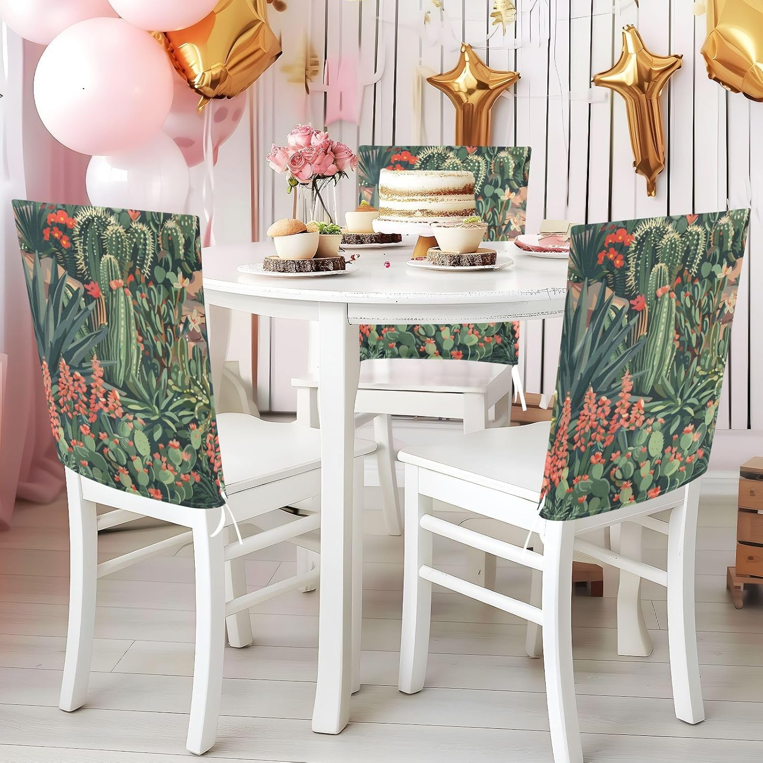ALAZA Cacti Succulents Landscape Chair Back Cover Set of 6, Washable Reusable Removable Chair Slipcovers Decorative Chair Cover for Home Kitchen Wedding Party