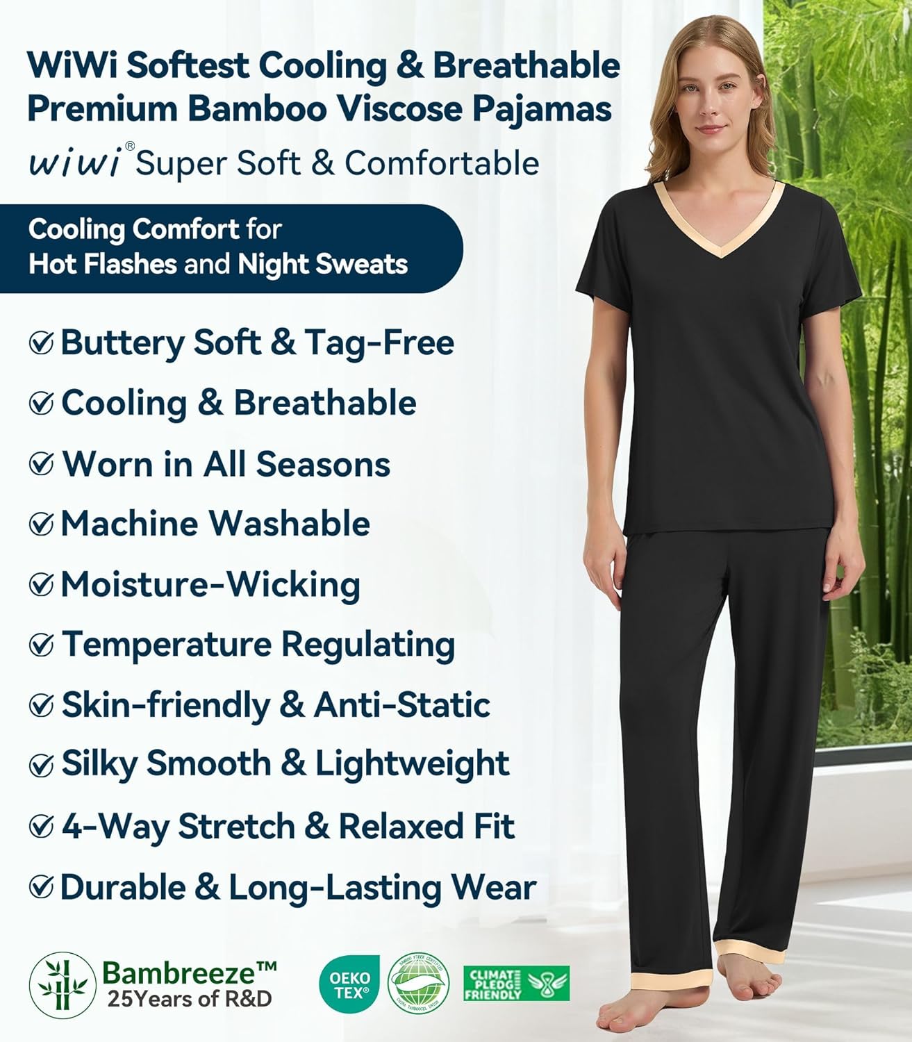 WiWi Womens Viscose from Bamboo Pajamas Set Short Sleeve Top with Pants Pjs Soft V Neck Sleepwear Lightweight Loungewear S-3X - Image 8
