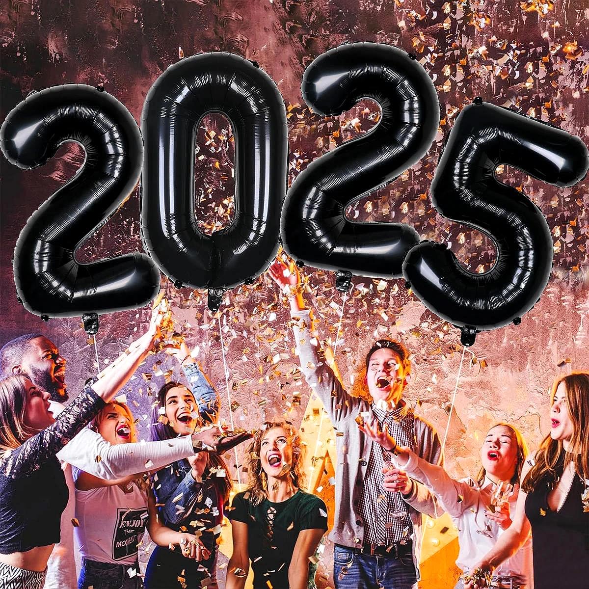 Silvester Deko 2025 – Ballonset In Schwarz Mit Zahlenballon 2025, Sternen & Konfetti Für Die Perfekte Silvesterparty