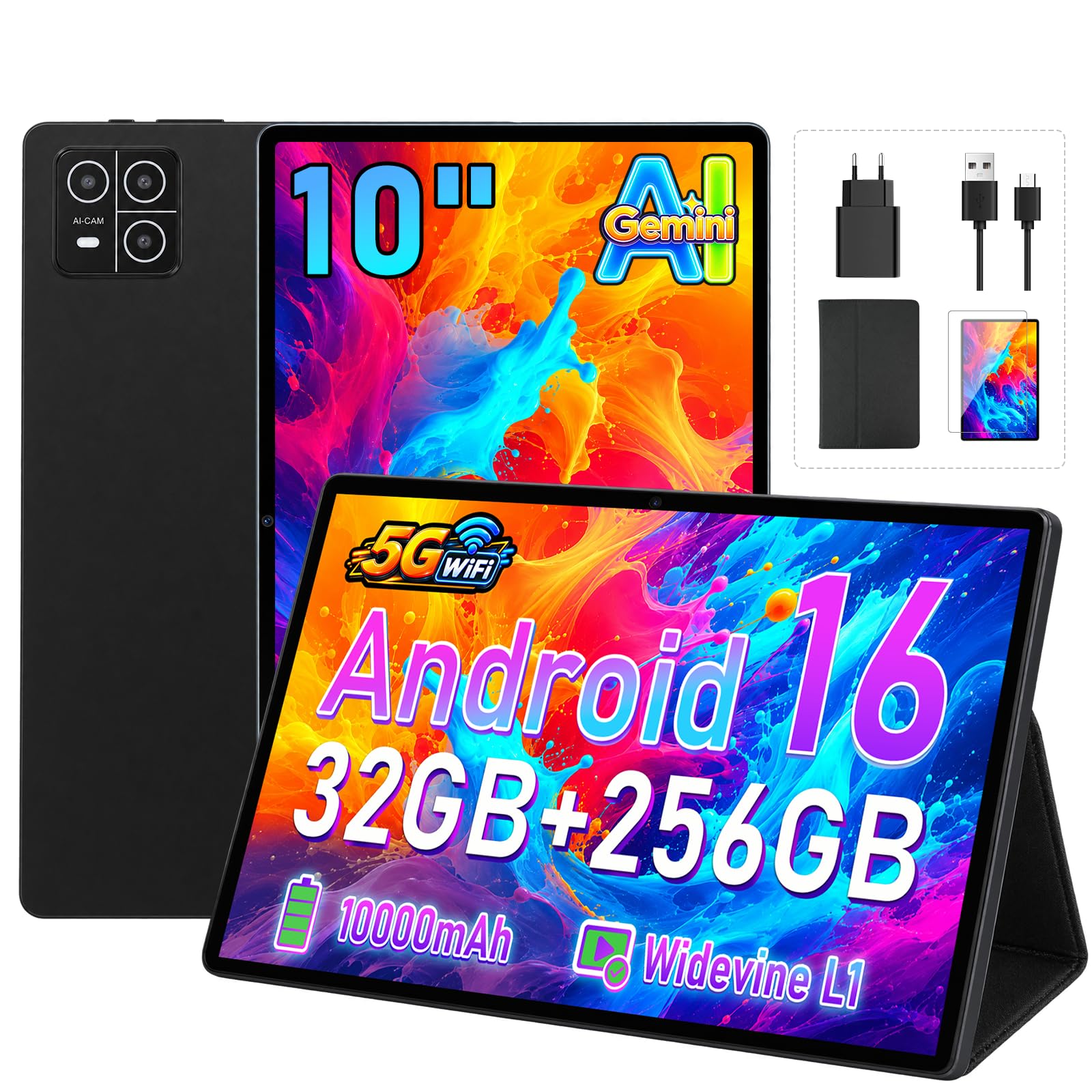 2026 Dernier Android 16 Tablette 10 Pouces Tablette, 32Go RAM+256Go ROM (2To TF), Octa-Core 2.0GHz, /GPS/WideVine L1/5G WIFI/1920 * 1080/10000mAh, Tablette Tactile Gemini AI - Noir