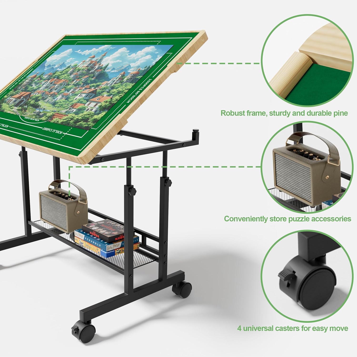 CODACE Puzzle Table with Drawers - 1500 Pieces Jigsaw Puzzle Tables for Adults, Tilting Puzzles Board with Cover, Puzzles Table with Storage and Adjustable Height Legs，Present for Puzzles Enthusiast
