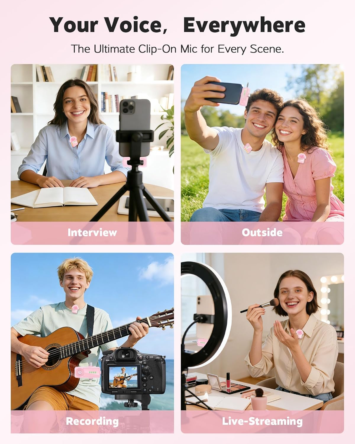 Wireless Lavalier Microphone for iPhone, Android, Cameras - Mini Microphone with Noise Reduction, 328FT Transmission and 40H Battery Life, 4 Mic for Video Recording, TikTok and YouTube (Pink)