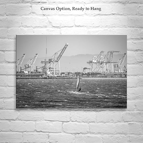 Miniatura 2 de Windsurf Art Print with San Francisco Bay Port of Oakland Harbor Cranes in Black and White