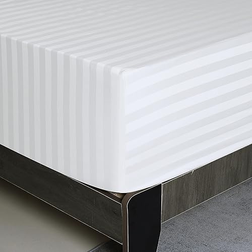 Miniatura 2 de Sábana bajera ajustable a rayas de tamaño matrimonial, color blanco, 600 hilos, 100% algodón, sábana bajera de satén a rayas, sábana bajera de 15