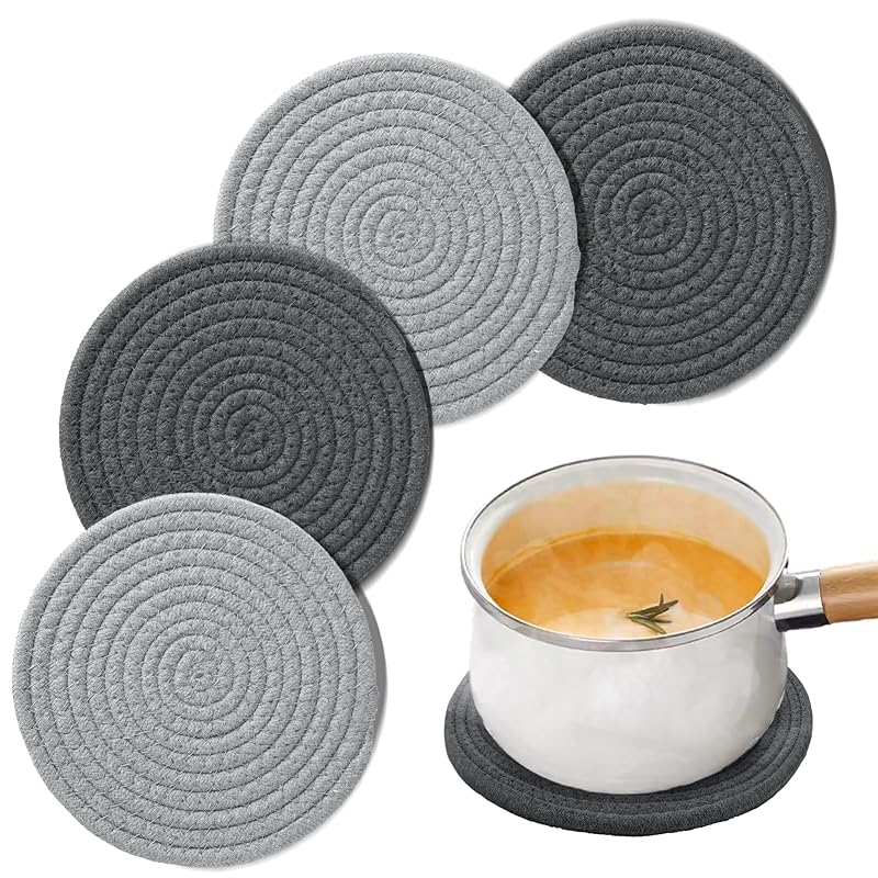 Handmade Trivets for Hot Dishes, Natural Cotton Hot Plate Mats, BOHO Woven Heat-resistant Pot Holders Pads Set for Cooking and Baking Kitchen Counter Table Housewarming Christmas Party (7in 4 pcs)
