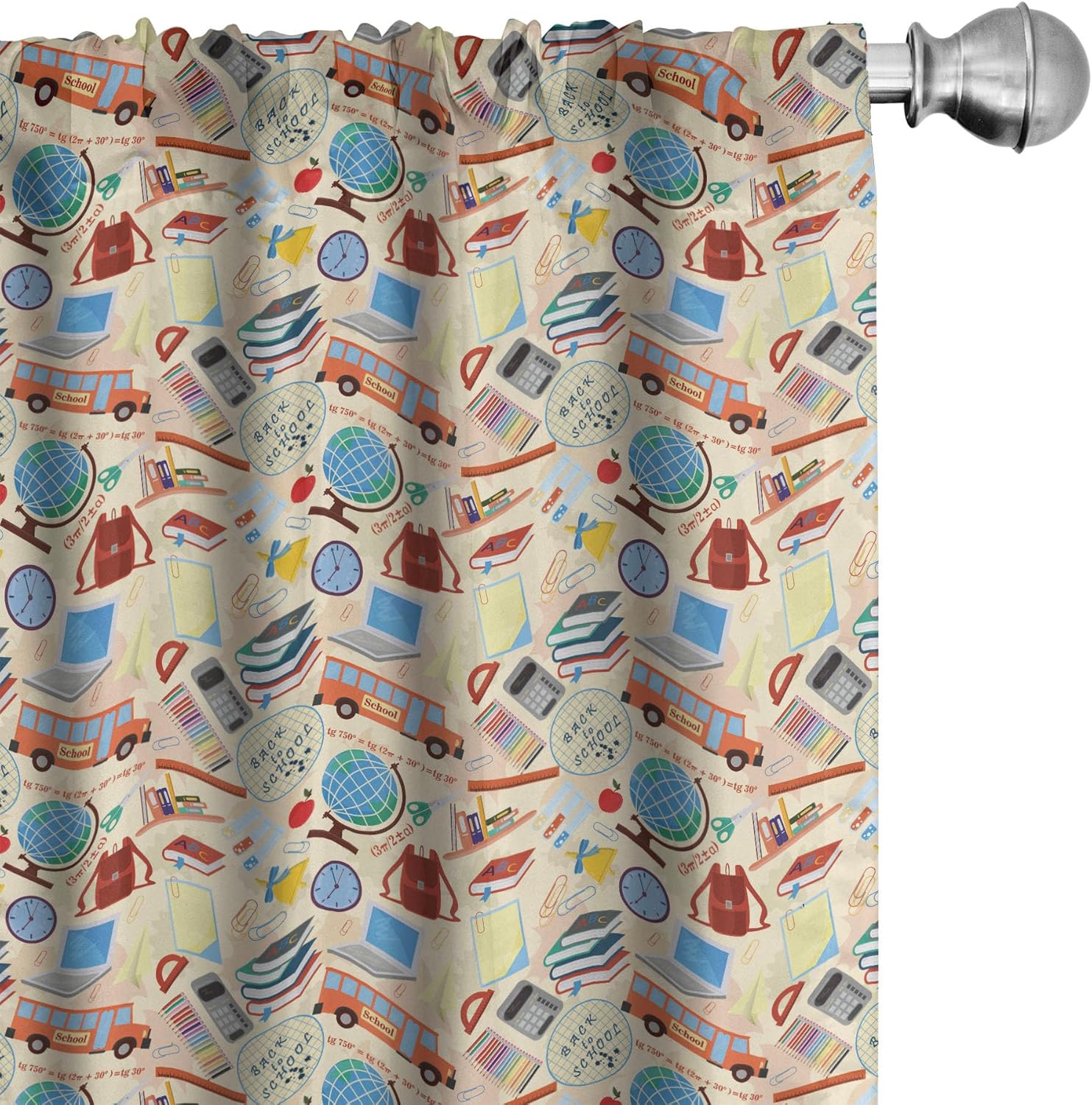 Ambesonne Cartoon Window Curtains, Repetitive Vintage Pattern of Globe Laptops Notes and Bus Funny Print, Lightweight Decor 2-Panel Set with Rod Pocket, Pair of - 28" x 95", Champagne and Multicolor