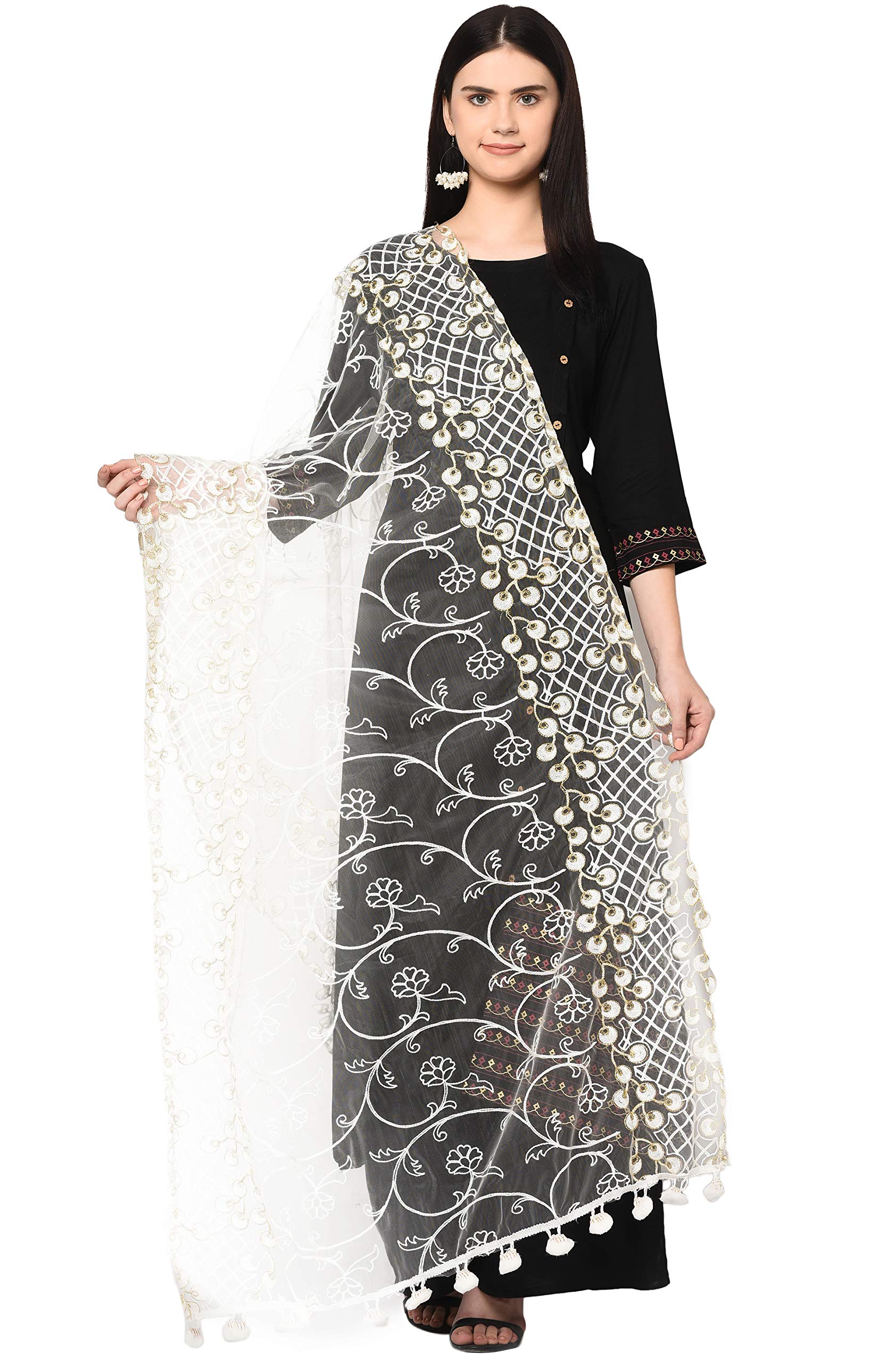 Weavers Villa Women's Net Embroidered Dupatta (White, 2.25 Meters)