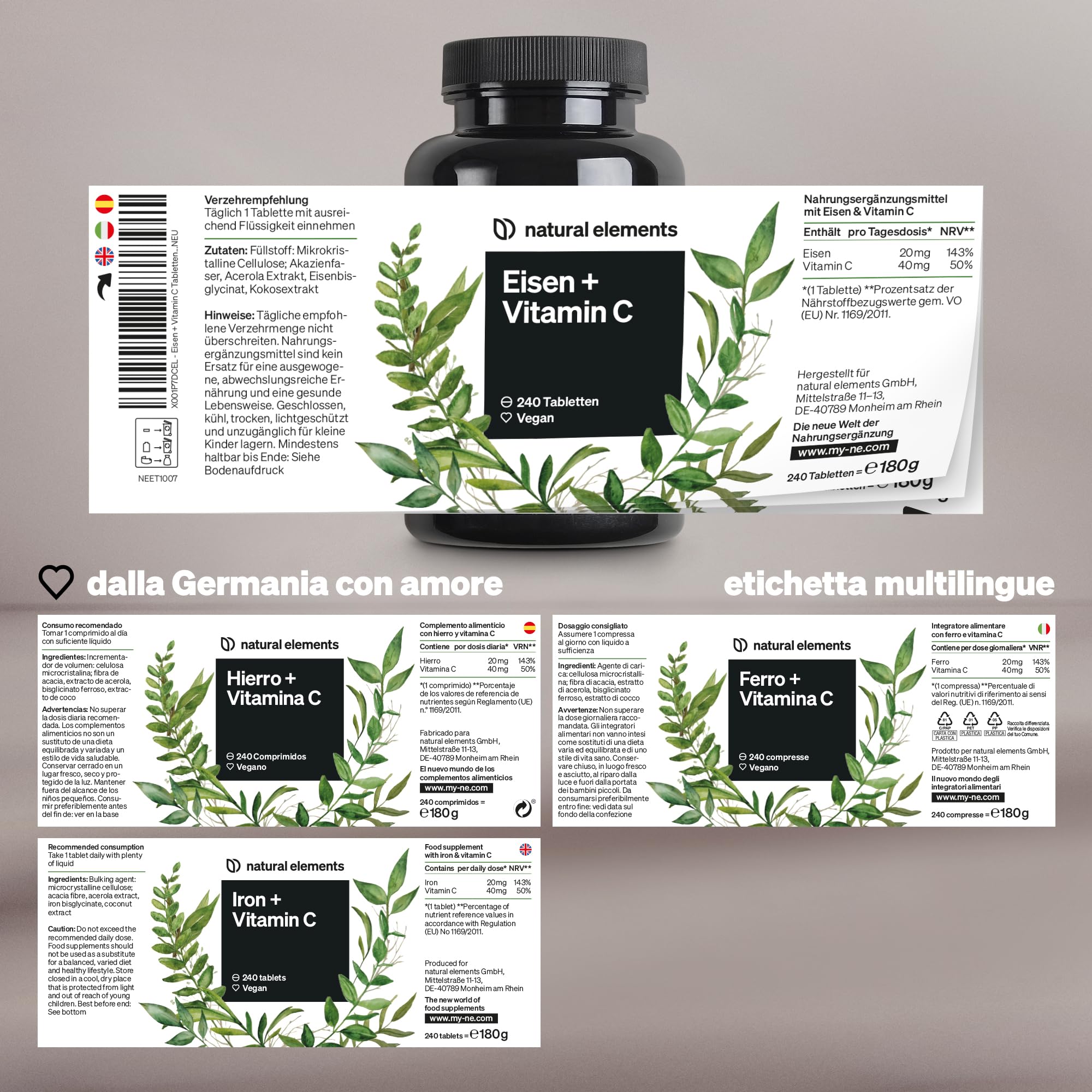 natural elements Integratore Ferro con 40mg Vitamina C (da bisglicinato ferroso) – 240 compresse vegane – vitamina C naturale da acerola – complesso chelato ben tollerato – ad alto dosaggio
