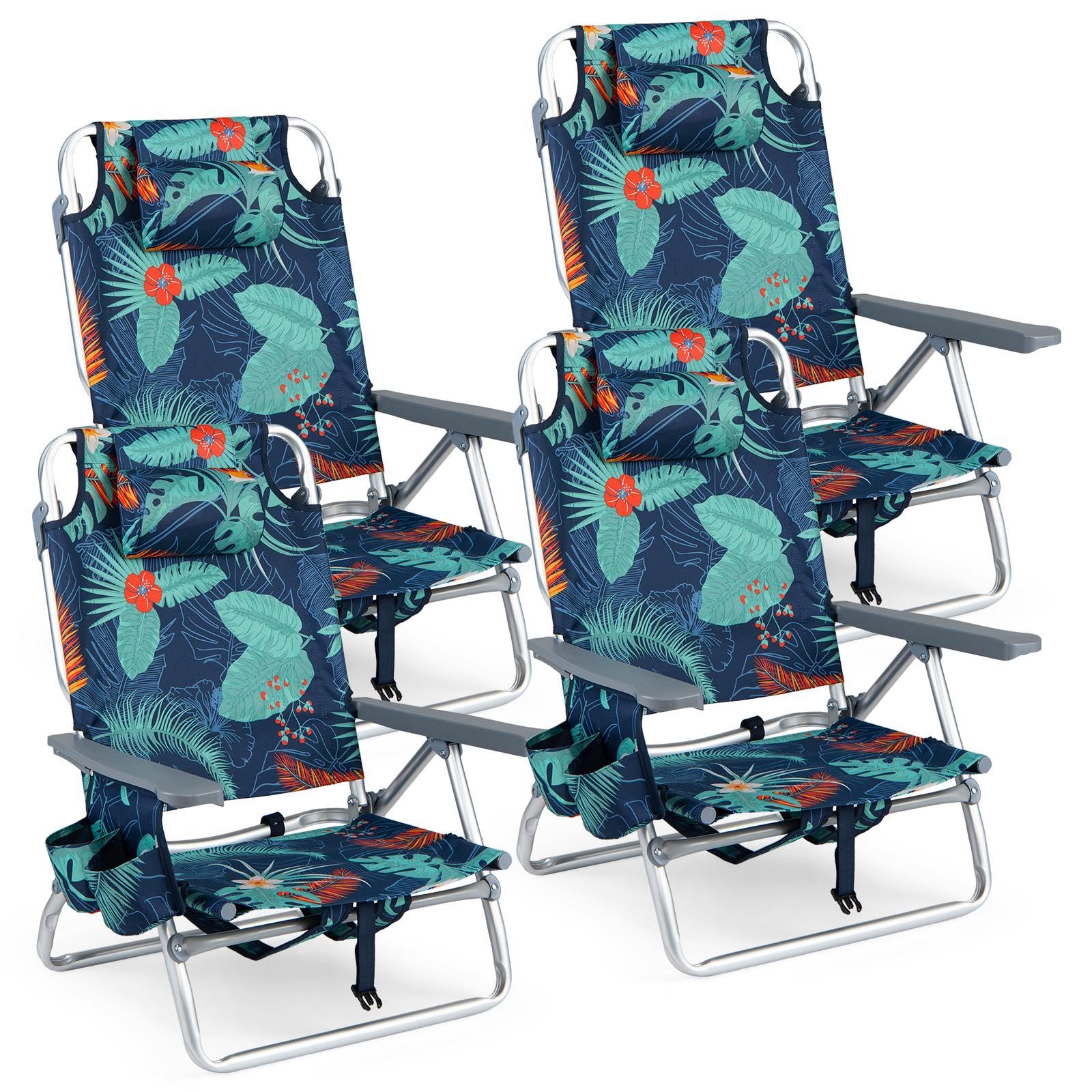 GIANTEX Folding Beach Chair, Patio Sling Chairs with 5 Adjustable Position, Head Pillow, Storage Bag, Towel Bar, Cup Holders, Backpack Chairs for Sunbathing, Camping Chair