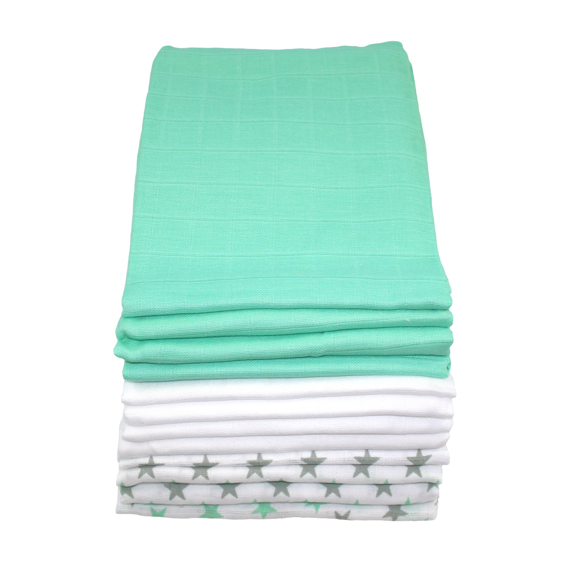 MuslinZ 12 Pack Muslin Cloths 70 x 70cm 100% Pure Cotton - Burp Cloths - Dribble Cloth - Reusable Nappy - Multi use Muslin Squares. (Mint Star Combo)-image-38