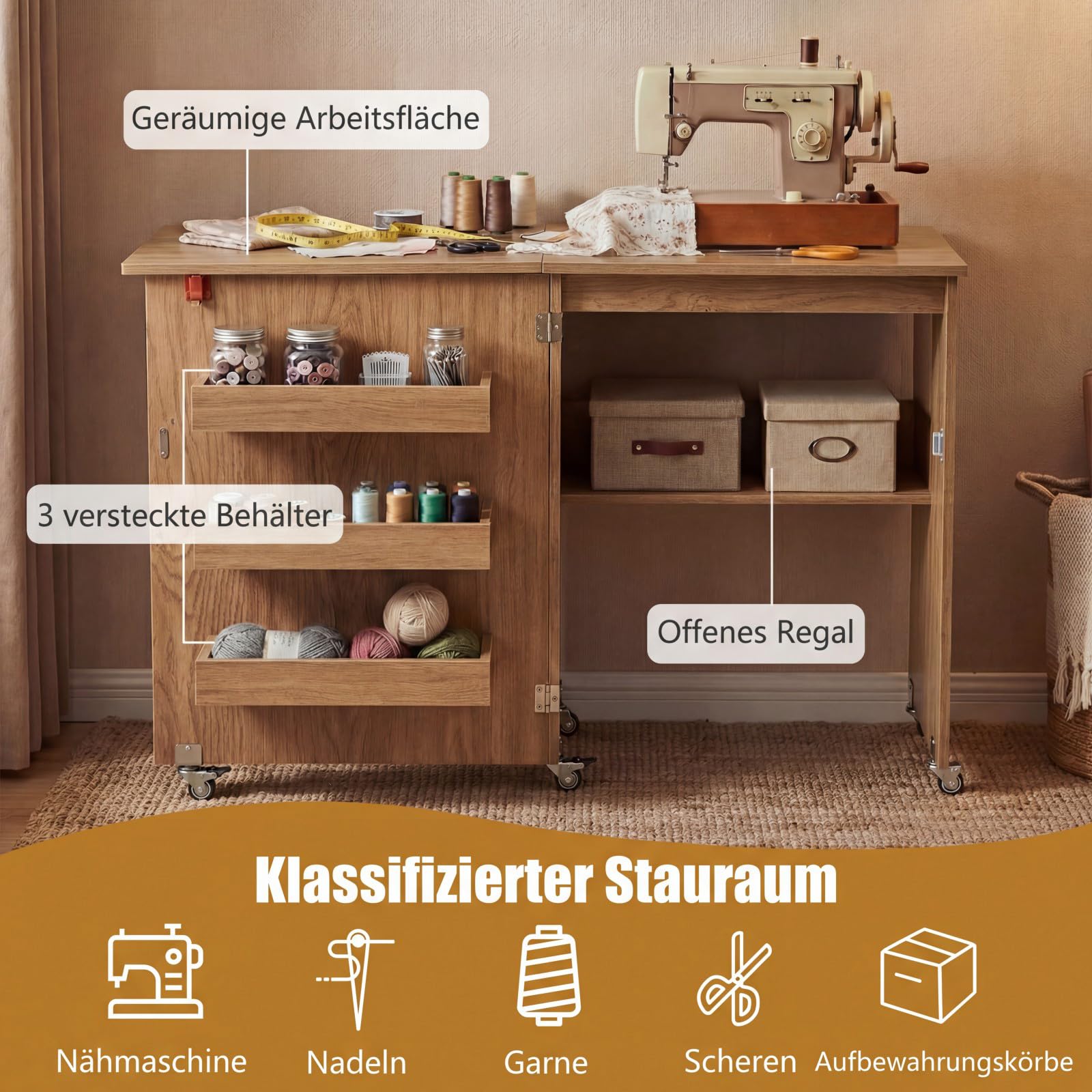 GIANTEX Nähtisch klappbar, Nähmaschinentisch auf Rollen, Nähtisch für Nähmaschine, Nähschrank Holz, Mehrzwecktisch für Wohnzimmer Arbeitszimmer Schlafzimmer (Eiche)