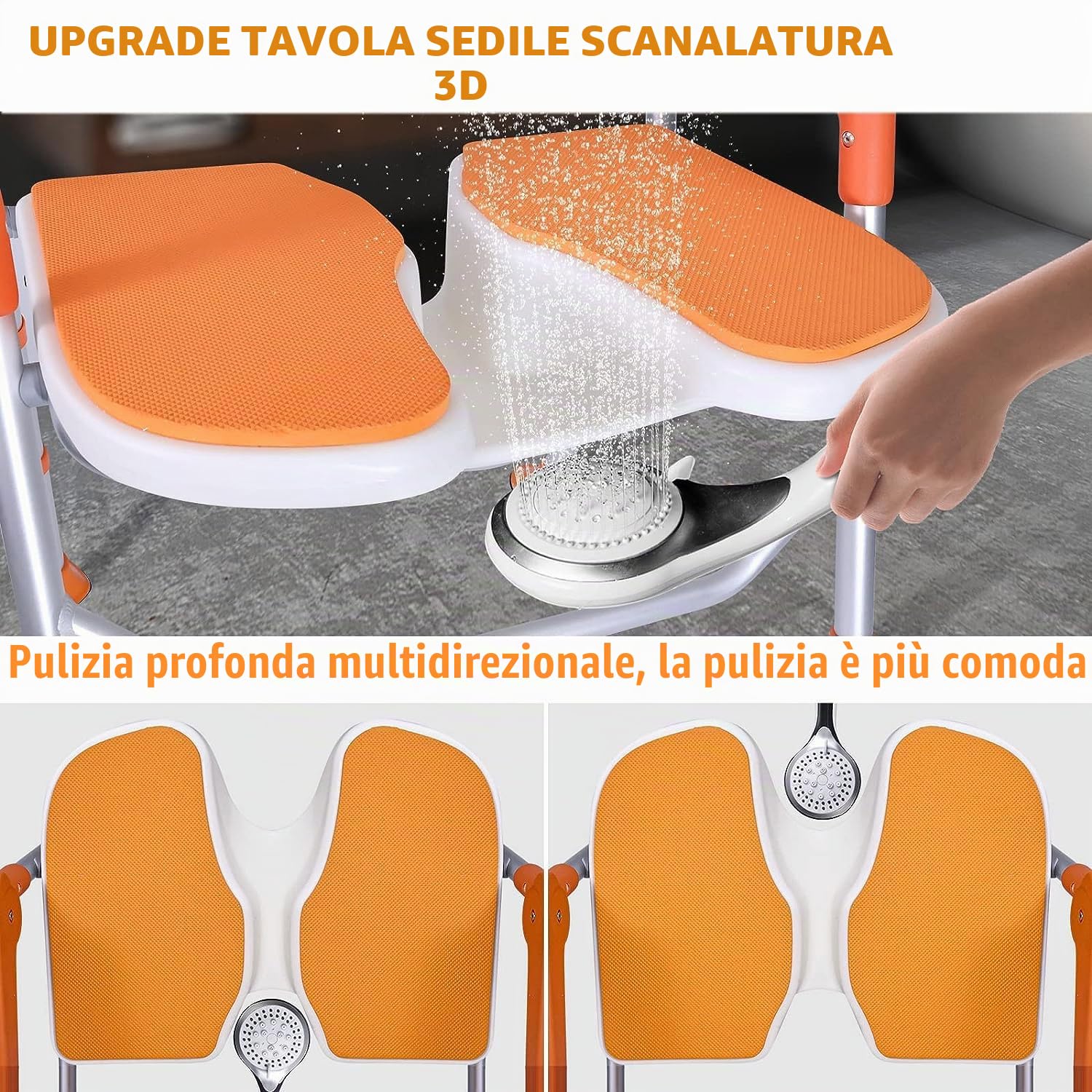 Sedia da doccia per anziani, con braccioli e schienale, pieghevole, portata fino a 180 kg, altezza regolabile, sedia da bagno con piedini antiscivolo (colore arancione, 53 * 58 * 83cm)