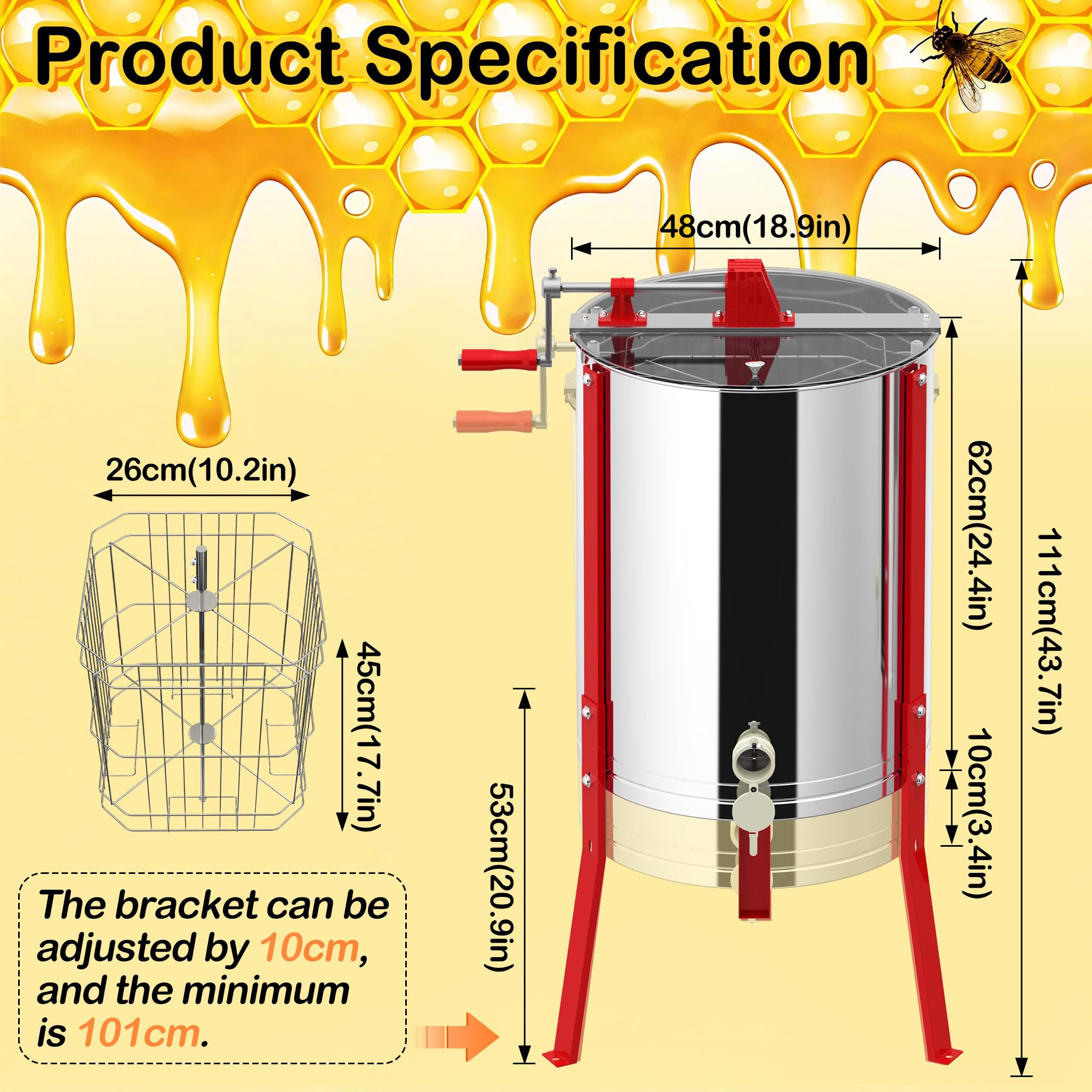 UISEBRT Essoreuse à miel manuelle en acier inoxydable 4 alvéoles | Presse à miel manuelle pour apiculteurs | Essoreuse tangentielle Extracteur de miel avec couvercle et support réglable 101-111 cm | Ø