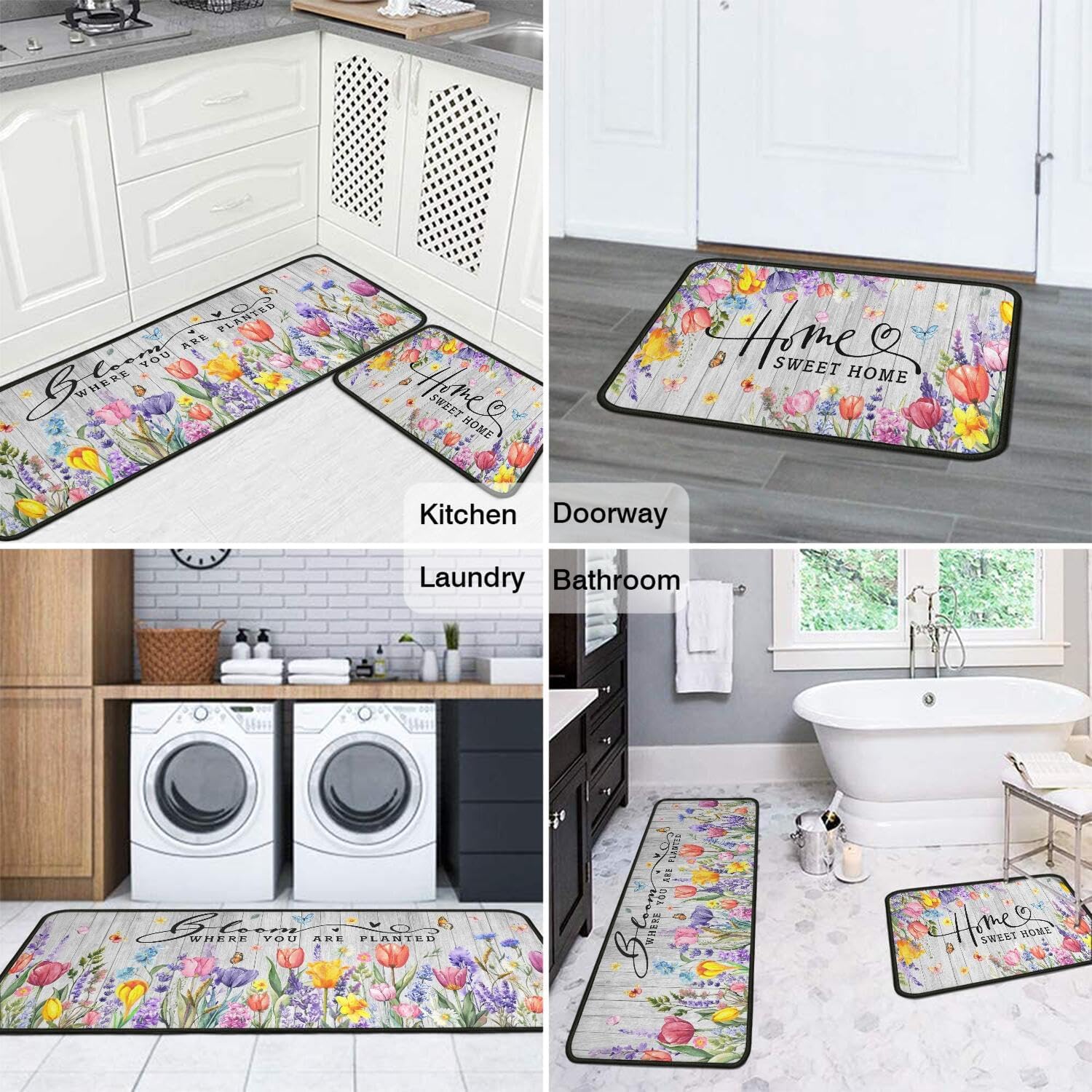 Spring Kitchen Rugs Sets of 2 Non Slip Washable, Tulip Lavender Floral Summer Spring Kitchen Mats Home Decor Rug Decorations Indoor