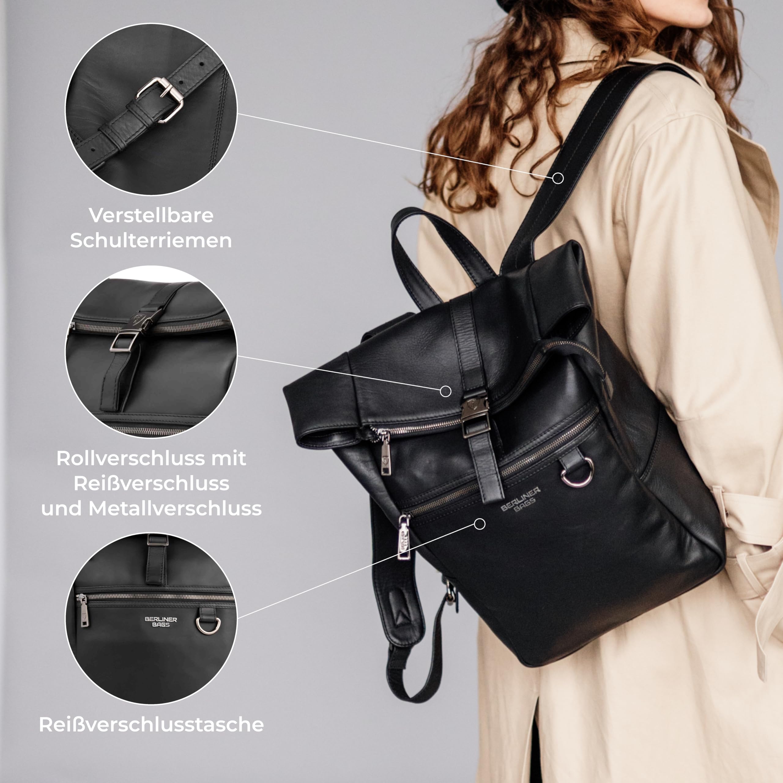 Berliner Bags Business Rucksack Harlem Premium, 15 Zoll aus Leder - Schwarz