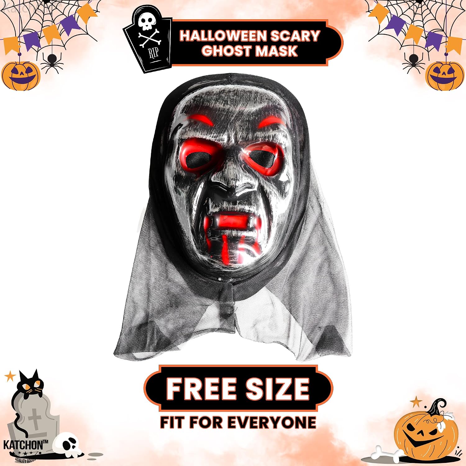 KatchOn, Creepy Ghost Face Mask with Shroud - Free Size, Scary Masks for Adults | Ghostface Mask for Halloween Dress Up Party | Halloween Masks for Adults | Horror Story Mask, Halloween Costume Mask