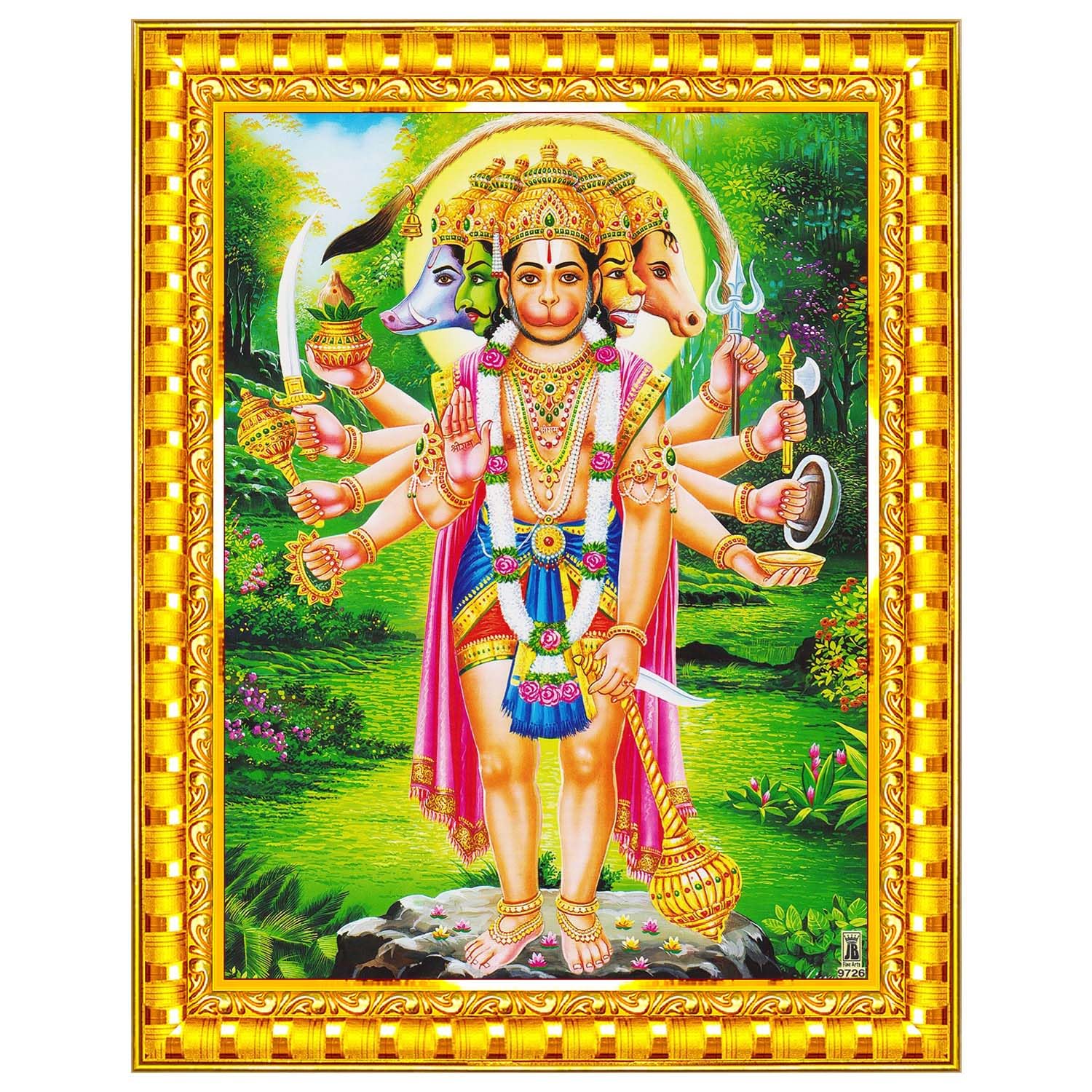 Panchmukhi Hanuman for Door Entrance Vastu Wall Painting Framed Home Decor (Wood,Glass,Gold,Big Size,10 x 12 Inch) R784M