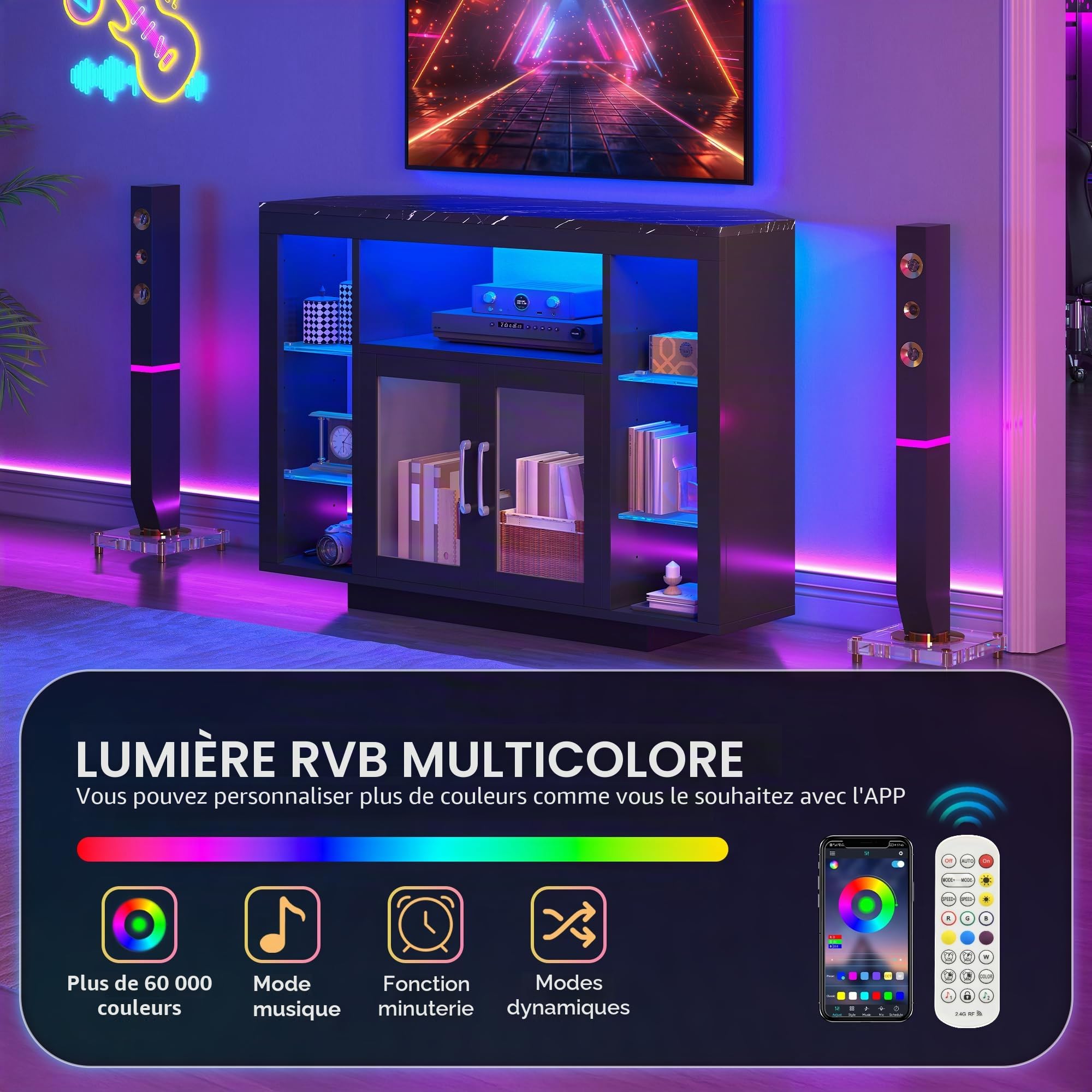 YITAHOME 100CM Meuble TV d'angle avec éclairage LED RVB, unité de télévision d'angle pour Une télévision de 55 Pouces avec 7 étagères Ouvertes du Centre de Divertissement de Jeux