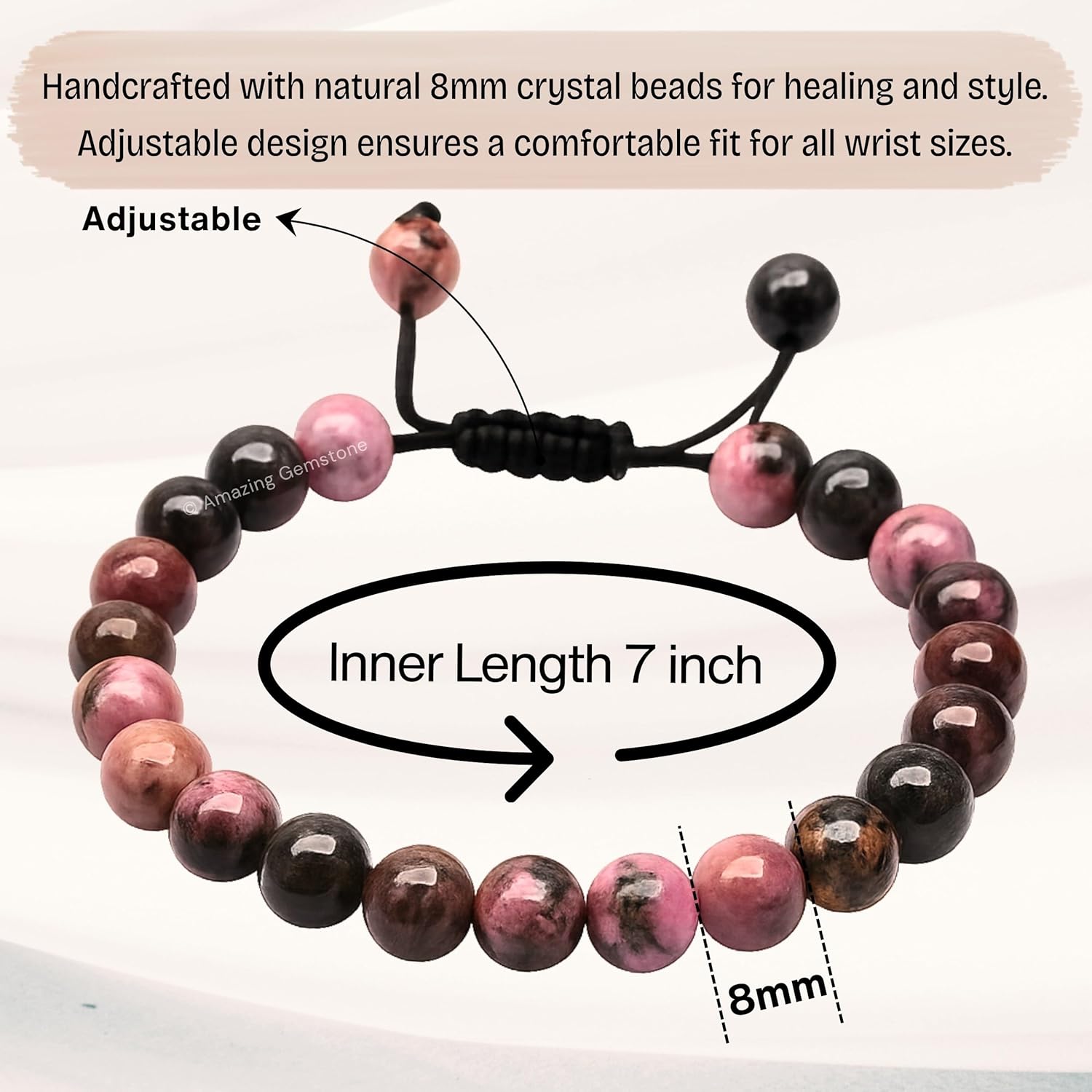 Amazing Gemstone Rhodonite Bracelet, Gifts For Men & Women - Protection Healing Crystal Bracelet - 8mm Gemstone Beaded Adjustable Bracelet, Pulseras Para Hombres Mujer Stocking Stuffers - Image 6