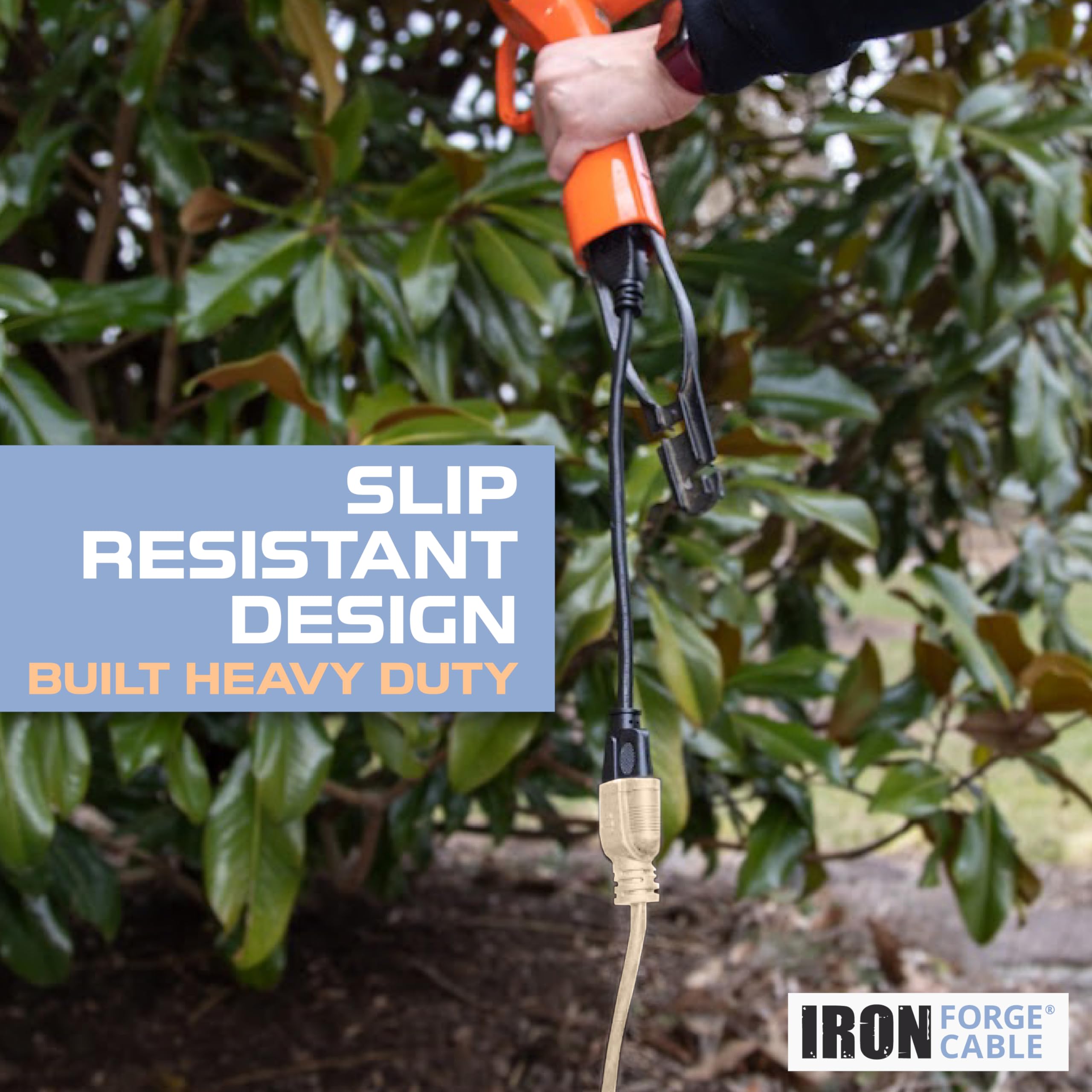 Iron Forge Cable de extensión beige de 10 pies para exteriores, cable resistente de 16/3 con enchufe de tierra de 3 puntas para seguridad, 13 amperios para jardín, césped, herramientas y
