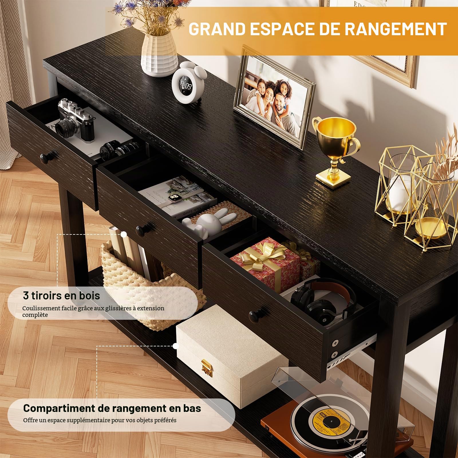 iSunirm Table console avec 3 tiroirs, 120 cm de largeur, en bois, avec compartiment de rangement pour salon, derrière le canapé, table de couloir pour couloir, salon ou entrée, noir