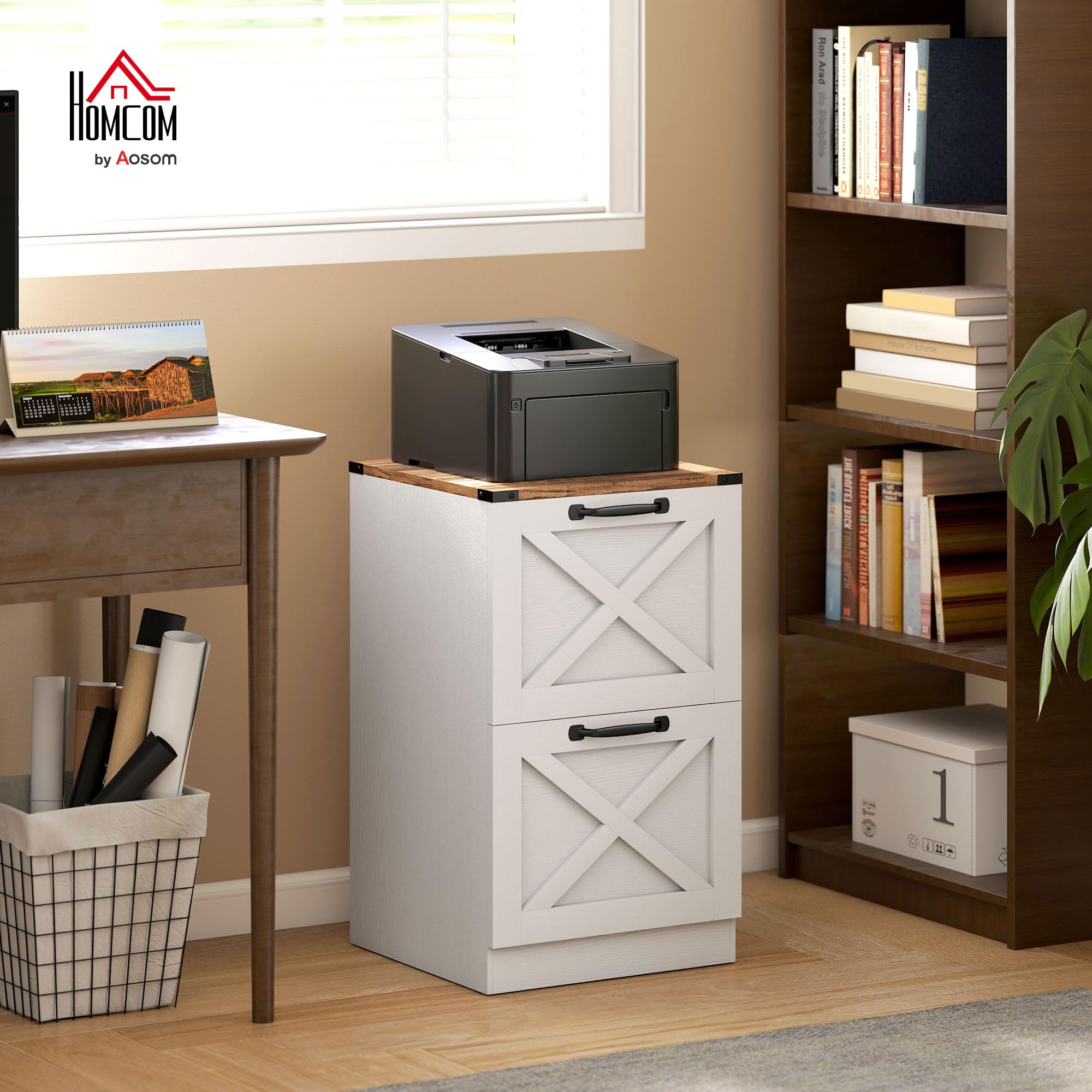 HOMCOM Commode de Bureau avec 2 tiroirs, Commode de Bureau, classeur, Porte-imprimante, avec Rail de Suspension pour A4 et Letter, 40x40x71 cm, Blanc