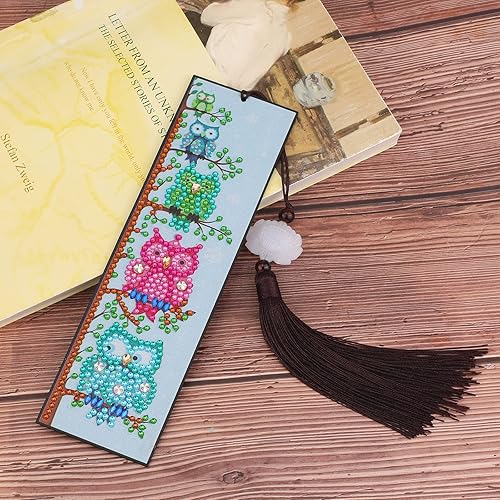 Miniatura 2 de Kit de marcapáginas de pintura de diamante de búho 5D para regalo de cumpleaños de graduación, borla de diamante con forma especial, marcapáginas de