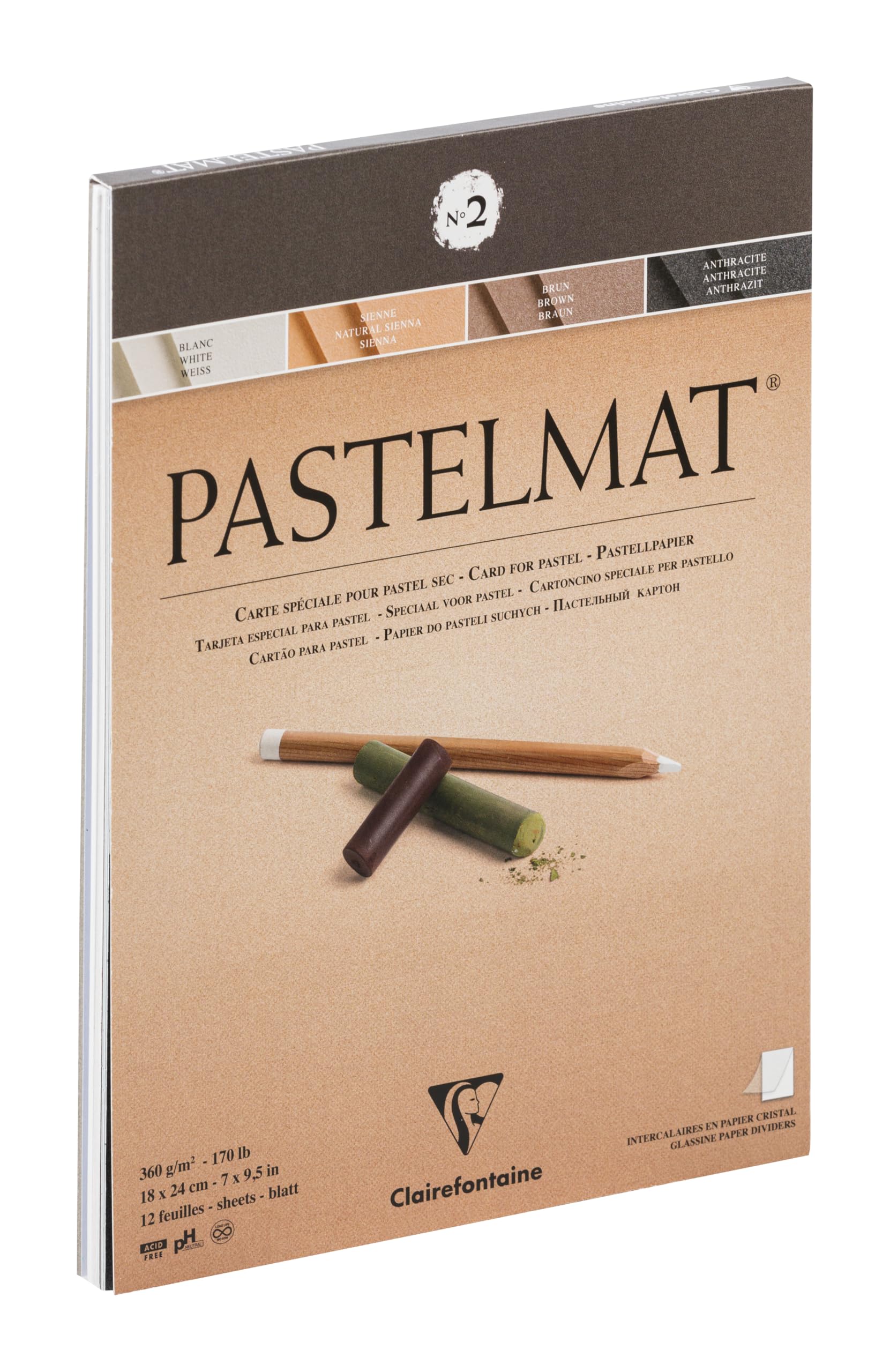Clairefontaine - Ref 96005C - Pastelmat Pastel Card Pad No.2 (12 Sheets) - 360gsm Card - 18 x 24cm - Assorted Colours - Specially Formulated For Use With Pastels