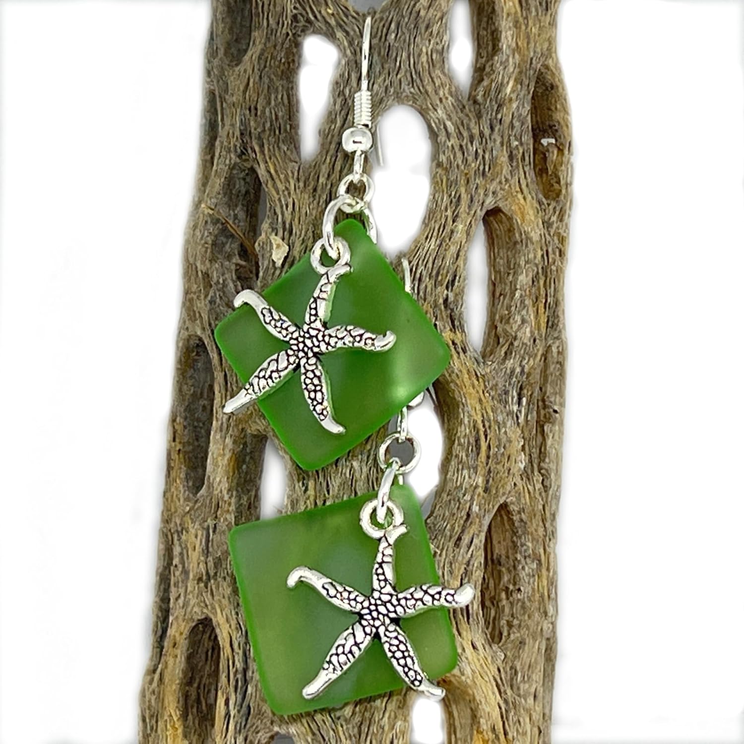 Sea Glass Starfish Dangle Earrings - Beach Glass Jewelry - Tropical Gifts for Women - Sea Star Drop Earrings - Green Earrings - Image 3